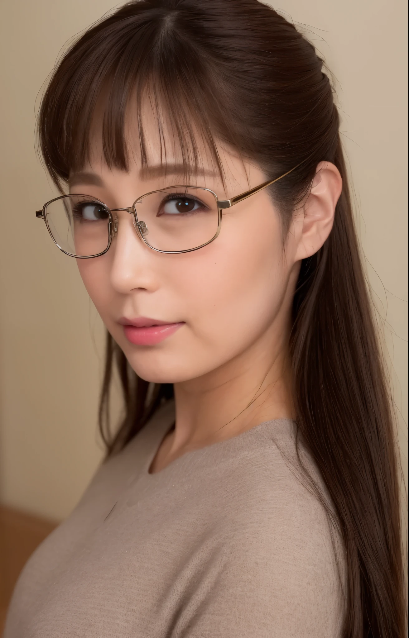 (Best quality, 8k, 32k, Masterpiece, UHD:1.2), from behind, 1 girl, beautiy Japanese office lady, (smile:0.5), (looking at the viewer), 30 years old, bit chubby, white shirt, rimmed glasses, black skirt, office room, desk, detailed beautiful face, pony-tail hair, from below,