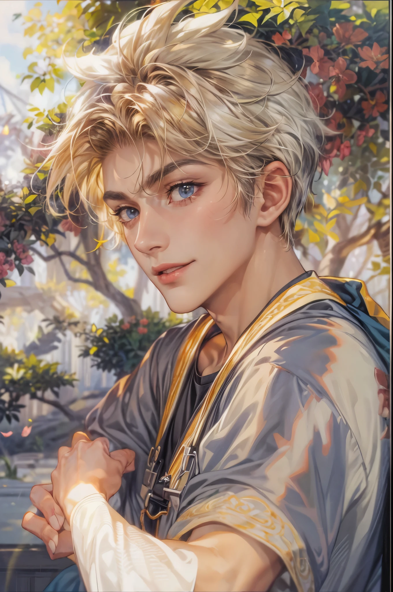 ((Best quality)), ((masterpiece)), (detailed), ((perfect face)), ((halfbody)) handsome face, male, teen boy, perfect proportions , a character from anime Pokémon, short hair, male version , detailed background, detailed scenery background