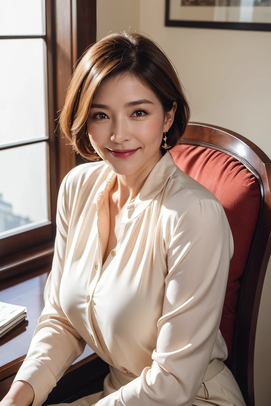 (masterpiece), High resolution, photorealistic, realistic, clear, professional lighting, highest quality, born, 8k, (50 year old woman), (facial wrinkles), Beautiful woman, (suit), (smile), (Beautiful woman), office, daytime, pleasant breeze, bright sunshine, Chair, japanese mature, blouse, young beauty spirit