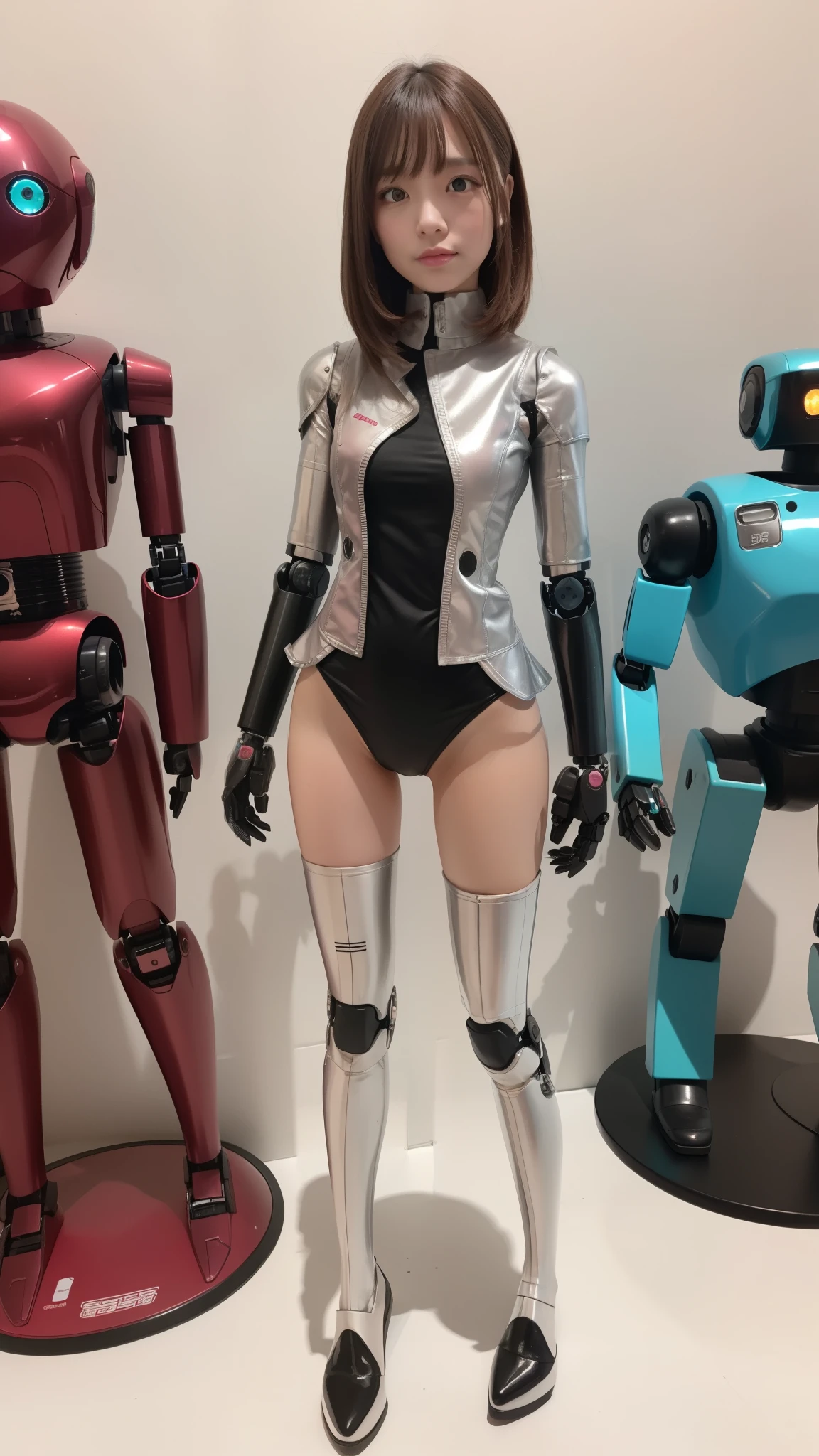 Robot Girl, pink there, Silver, Metallic body, Robot Parts, Metal Parts, Super Detailed Face, Super well-formed face, of the highest quality, a small face, a small head, Brown hair, Slender body, Camera gaze, Internal Mechanical Exposure, Idol, front facing, Well-proportioned body, sale, Exhibited, Event Hall, Moe Pose, pink metallic Lolita dress machine armor, Standing with legs open, Model body type, sad, Embarrassing,(Perfect Robot Girl),(Perfect machine body)