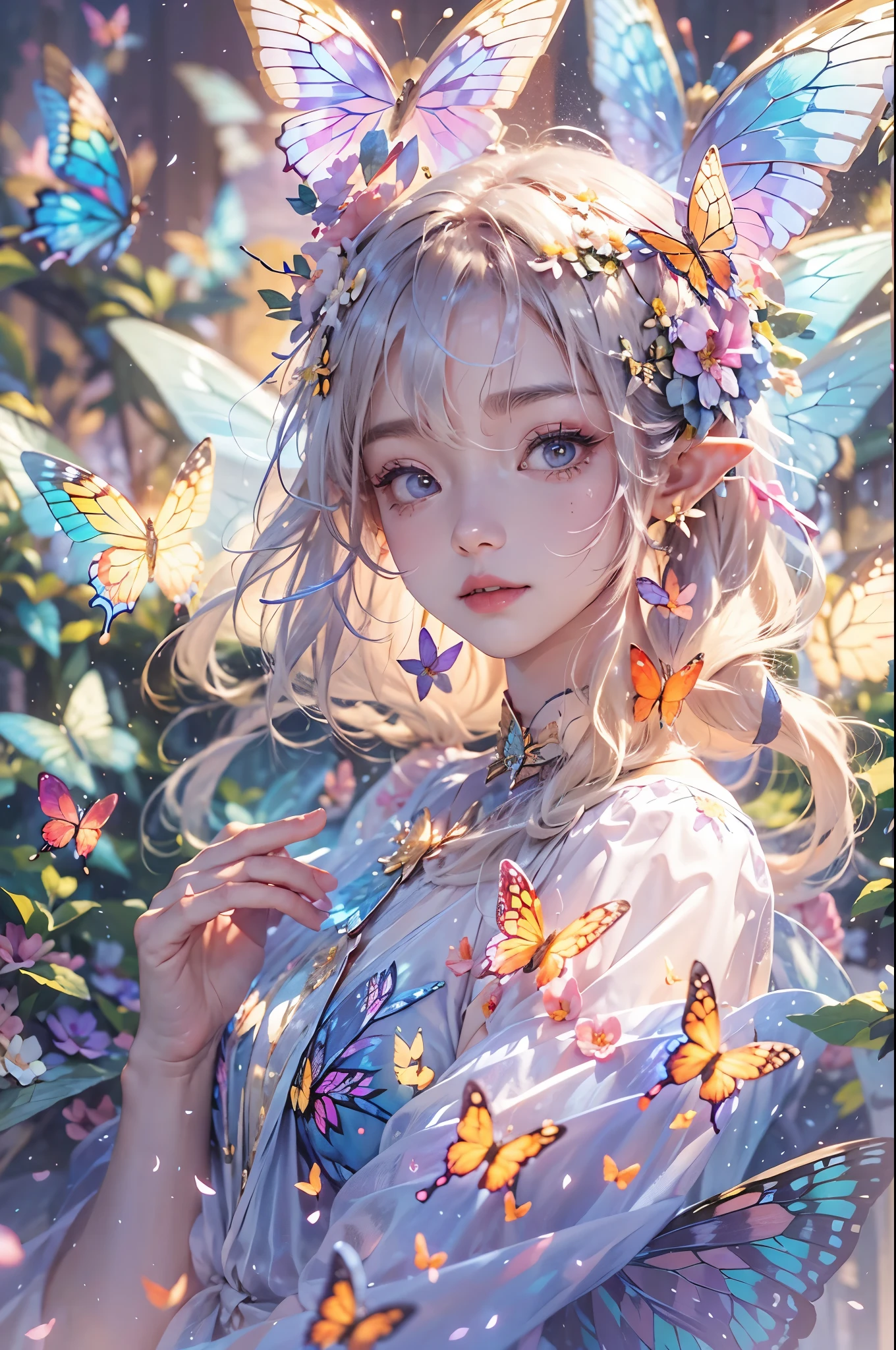 best quality，masterpiece，16k，1girl,Butterflies on the Head,Butterfly on shoulder, antennae,Butterfly in hand, blonde hair, blue butterfly, blue flower, blue wings, blurry, blurry background, blurry foreground, butterfly, butterfly hair ornament, butterfly on hand, butterfly wings, daisy, depth of field, earrings, fairy, fairy wings, flock, flower, flying, garden, glowing, glowing butterfly, glowing wings, hair ornament, ice wings, insect wings, lily \(flower\), lotus, motion blur, multicolored wings, nose, on head, on shoulder, pink flower, pink wings, pointy ears, purple flower, short hair, solo, stud earrings, upper body, vaporeon, white butterfly, white flower, wings, yellow butterfly, yellow flower, yellow wings,Dawn Elf,dawn,glow,Glowing wings,Dress,Multiple butterflies,Glowing Butterfly