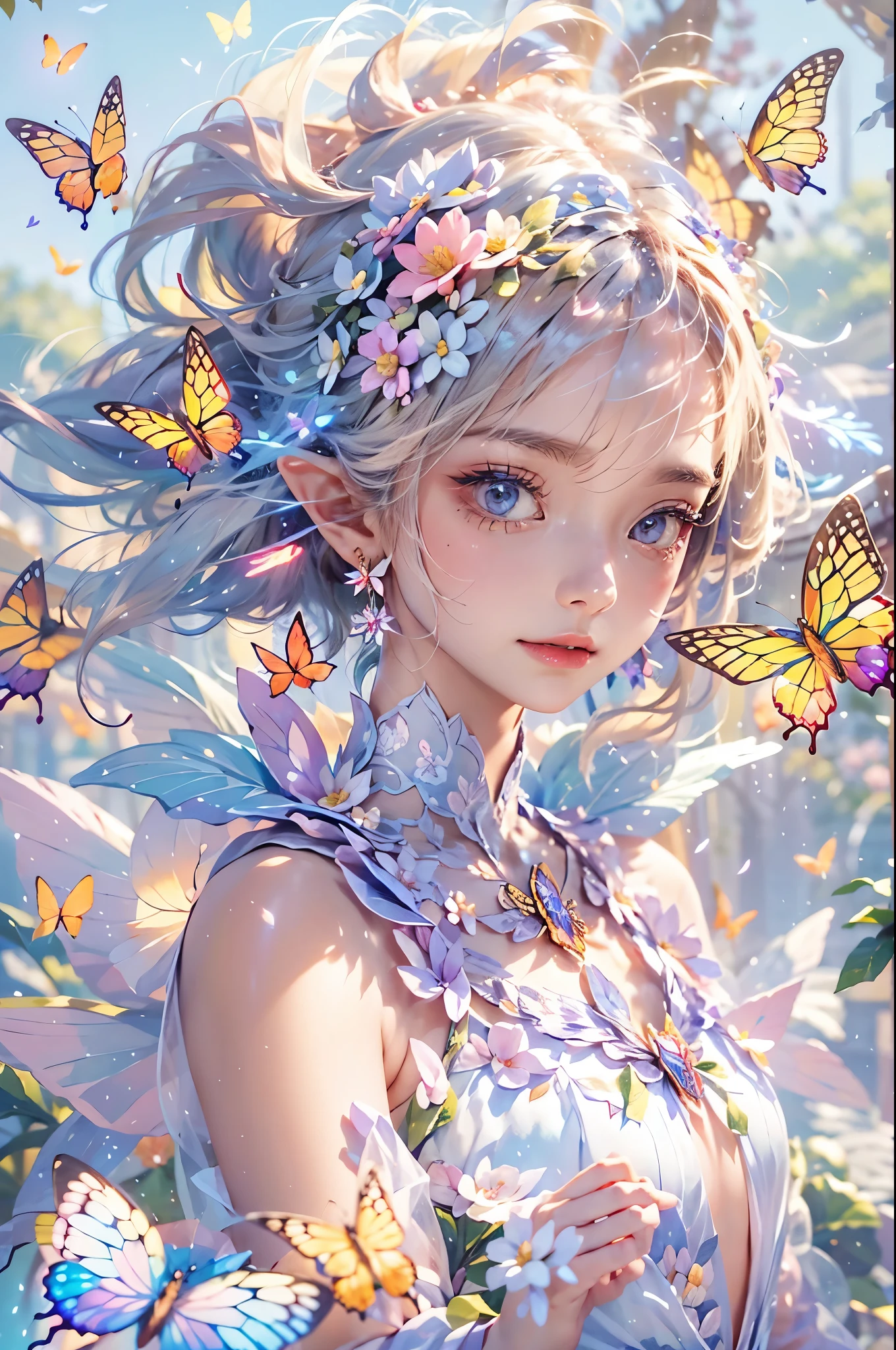 best quality，masterpiece，16k，1girl,Butterflies on the Head,Butterfly on shoulder, antennae,Butterfly in hand, blonde hair, blue butterfly, blue flower, blue wings, blurry, blurry background, blurry foreground, butterfly, butterfly hair ornament, butterfly on hand, butterfly wings, daisy, depth of field, earrings, fairy, fairy wings, flock, flower, flying, garden, glowing, glowing butterfly, glowing wings, hair ornament, ice wings, insect wings, lily \(flower\), lotus, motion blur, multicolored wings, nose, on head, on shoulder, pink flower, pink wings, pointy ears, purple flower, short hair, solo, stud earrings, upper body, vaporeon, white butterfly, white flower, wings, yellow butterfly, yellow flower, yellow wings,Dawn Elf,dawn,glow,Glowing wings,Dress,Multiple butterflies,Glowing Butterfly