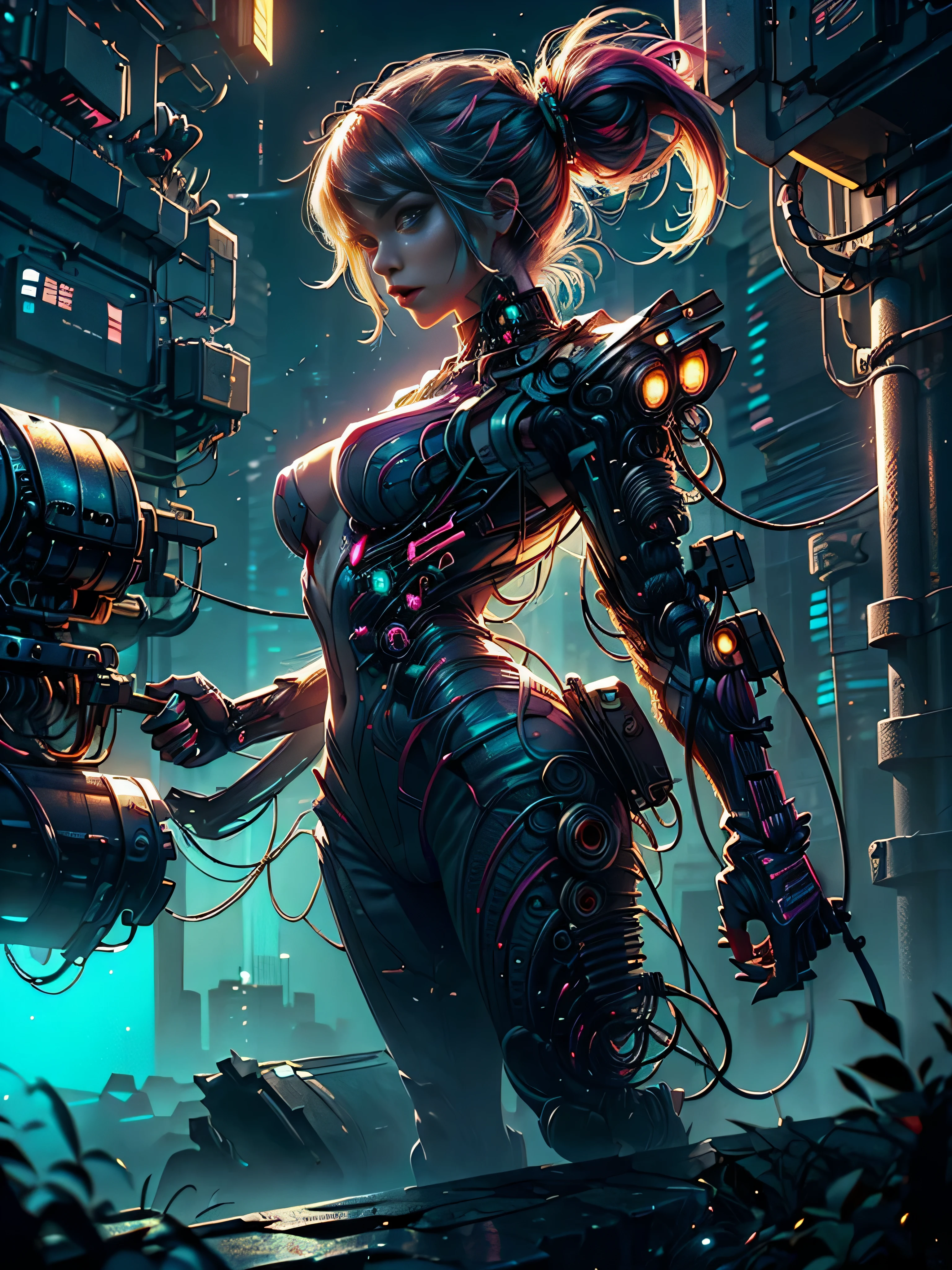 ((Stunning masterpiece anime illustration.)), ((Extremely delicate and beautiful cyber girl..)), ((Cara muy detallada y descubierta)), ((mechanical member, )), (conexiones de tubos que se unen al cuello:1.2), ((masa de alambres y cables en la en cuerpo)), ((wearing a colorful Harajuku technical jacket with pink logo)), (dynamic pose), ((de noche cielo con smog)),(obra maestra), (((Mejor calidad))), ((ultra detallado)), (highly detailed photorealistic CG illustration), cinematic lighting, Science fiction, extremadamente detallado,vistoso,mayor detalle, (((fondo de la ciudad ciberpunk, (Cazarecompensas), distrito de harajuku))), NSFW, 32k