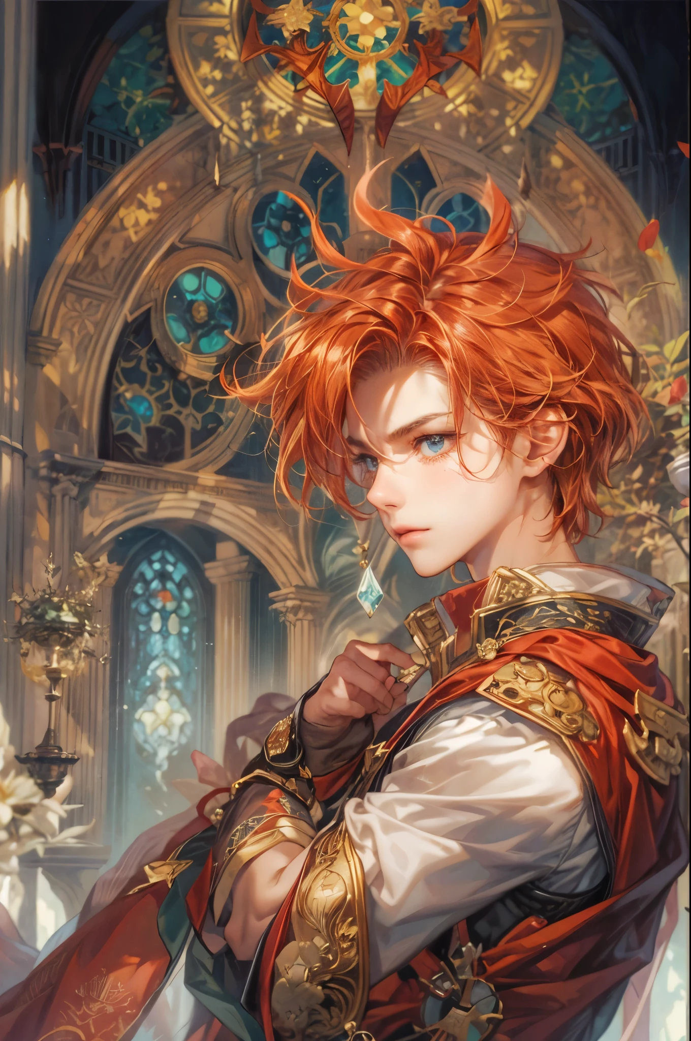 ((Best quality)), ((masterpiece)), (detailed), ((perfect face)), ((halfbody)) handsome face, male, teen boy, perfect proportions , a character from anime legend of mana teardrop crystal, red hair, short hair, male version , gnostic church of domina scene, gnostic church of domina background, gnostic ghibli scenery background