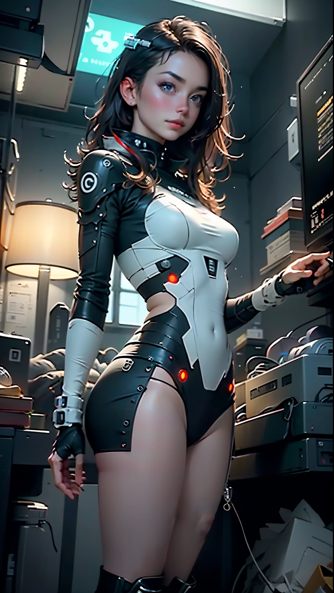 ((highest quality)), ((masterpiece)), (very detailed:1.3), 3D, beautiful (cyber punk:1.3) Female hacker with thick voluminous hair working with a computer terminal, computer server, LCD Screen, fiber optic cable, corporate logo,HDR (high dynamic range),ray tracing,NVIDIA RTX,super resolution,unreal 5,Scattered beneath the surface,PBR texturing,Post-processing,anisotropic filtering,Depth of the bounds written,maximum clarity and sharpness,multilayer texture,Albedo and specular maps,surface shading,Accurate simulation of light-matter interactions,perfect proportions,octane rendering,two-tone lighting,Low ISO,White balance,Rule of thirds,wide caliber,8K RAW,efficient subpixel,subpixel convolution,luminescent particles,  