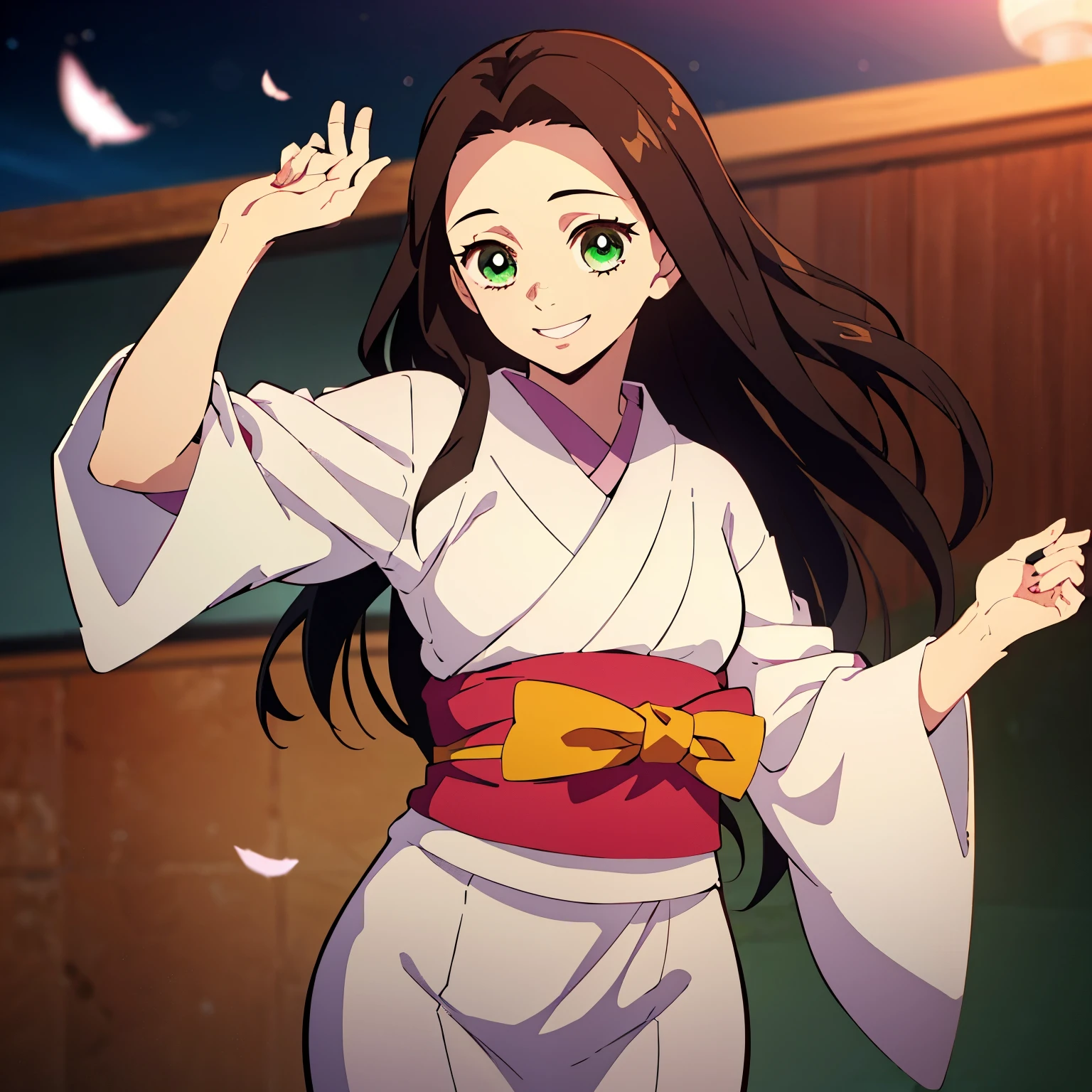 ((Mejor calidad, sharp image, detallada))  Estilo de kimetsu no yaiba, Young woman with long brown hair (suelto) y hermosos ojos verdes, cuerpo completo, kimono beige con verde, cuerpo detallado y proporcionado. Sonriendo, feliz, alegre, contenta, mirando al espectador. 