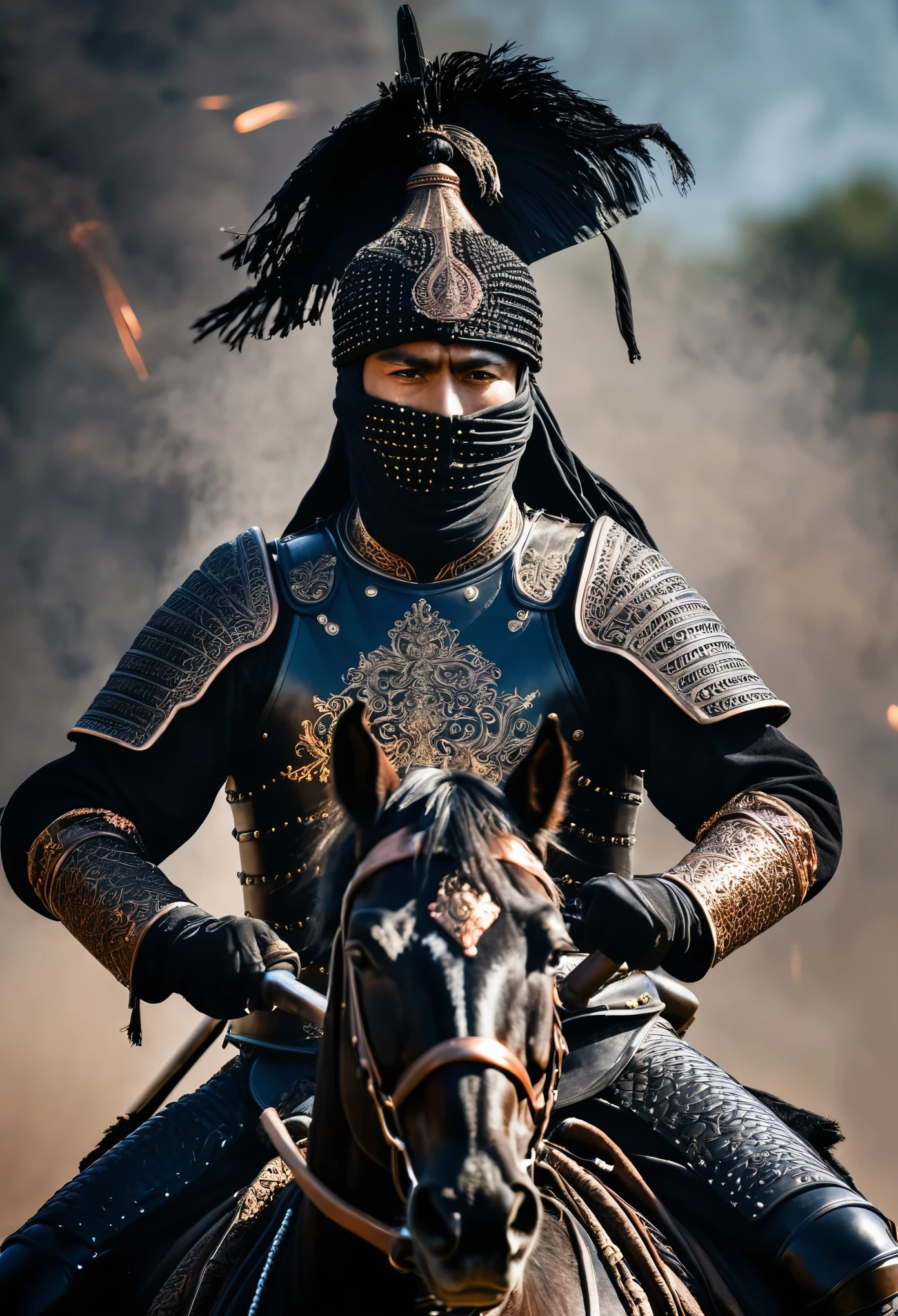 A man riding a horse, frontal view from low angle. He wears intricate black armor made of leather with copper elements, and black turban. Charging with a sword, his expression is focused, full of spirit. Dark battleground background in dramatic lighting, with sparks, debris, and smokes surround him