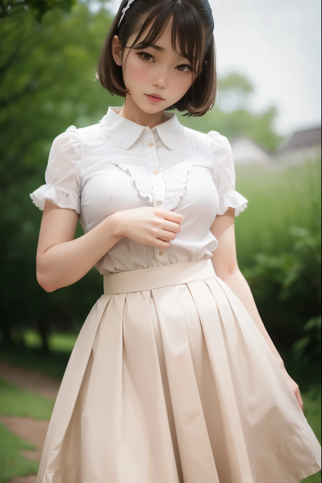 there is a woman that is standing in a field with a skirt, frilly outfit, frilled blooming collar, white blouse, wearing white skirt, elegant slim beige shirt, japanese girl school uniform, feminine in cute pastel shades, wearing a blouse, collared shirt, wearing a white blouse, cream colored blouse, anime girl in real life, wide skirts, frill