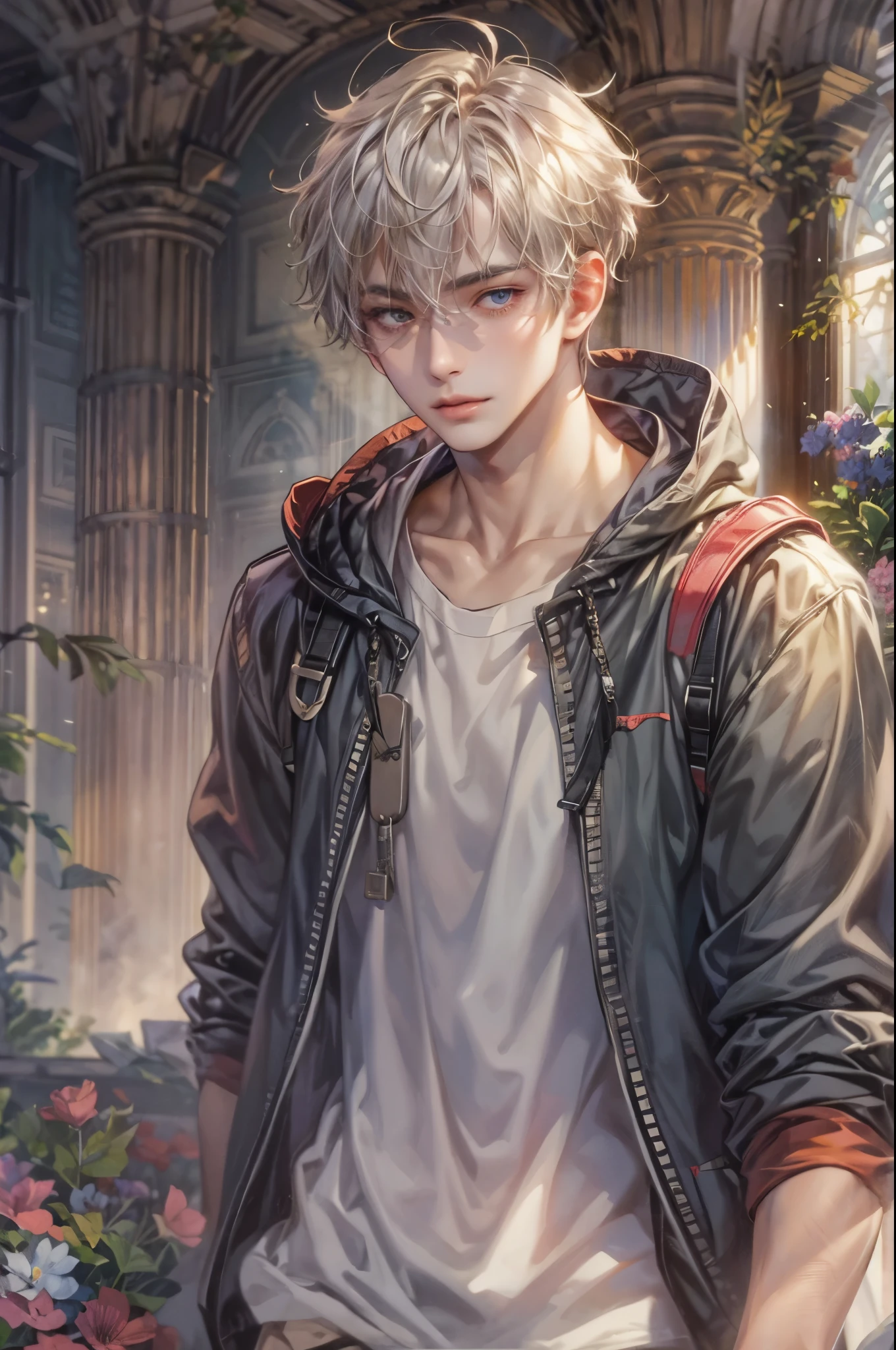 ((Best quality)), ((masterpiece)), (detailed), ((perfect face)), ((halfbody)) handsome face, male, teen boy, perfect proportions , a character from anime Pokémon, short hair, male version , detailed background, detailed scenery background