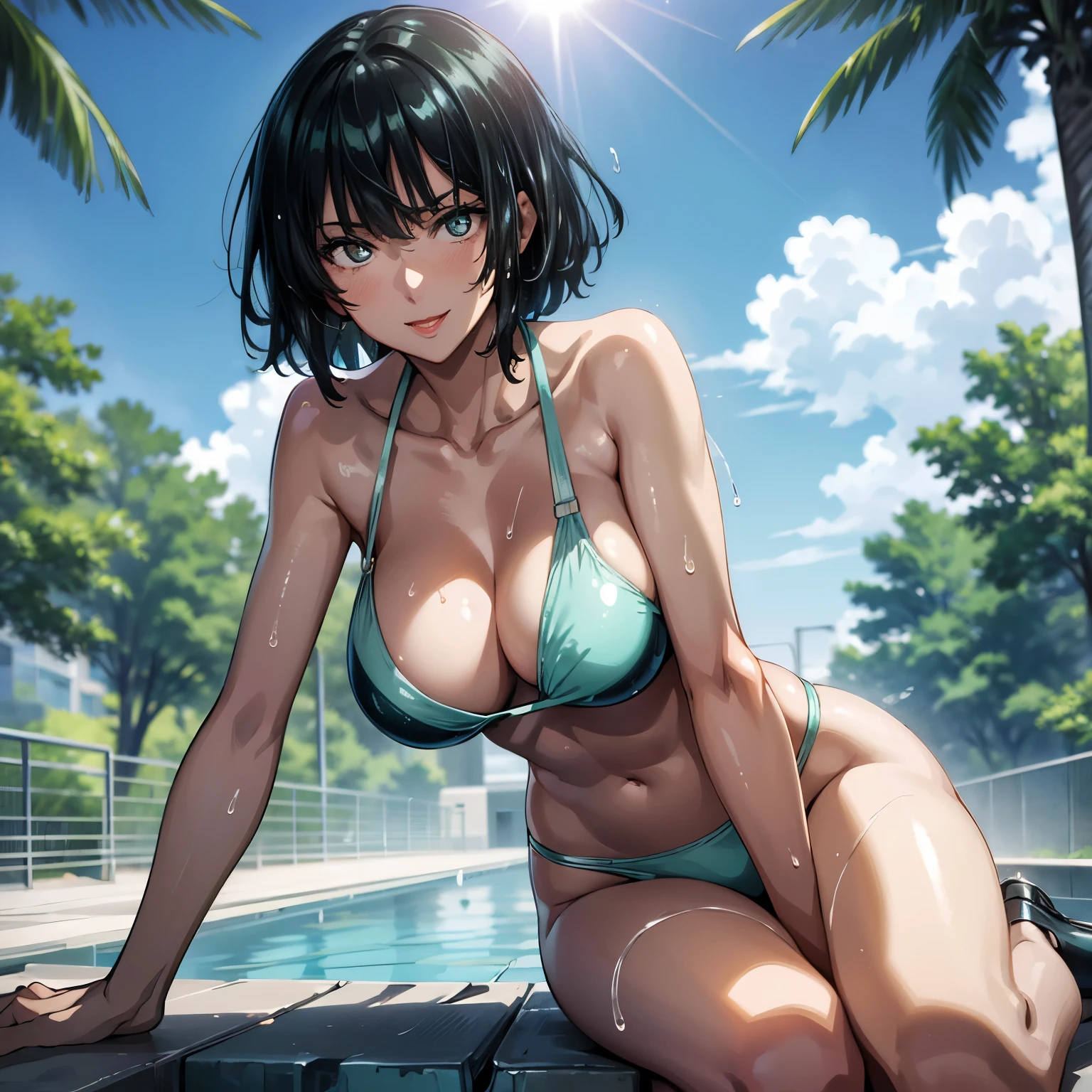, (masterpiece), (best quality), (ultra-detailed), (extremely detailed cg), (a extremely delicate), (perfect lighting), (8k), (dynamic angle), (sharp image), vibrant colors, female, masterpiece, best quality, depth of field, cinematic lighting, masterpiece, best quality, ultra-detailed, colorful, vibrant, large breasts, thighs, mature female, solo, (masterpiece, best quality, high resolution, animescreencap, anime colored,), (perfect anatomy, beautiful detailed eyes, beautiful detailed body, beautiful breast, shiny skin), a sexy mature anime lady standing outside beside swimming pool, white bikini, shiny legs, navel, smiling, swimming pool, sunlight,sun, clouds, looking at viewer, side bangs, black hair, black eyes, bob cut, medium breasts, medium chest, outdoors ,arms above head, red lipstick, ((wet skin)), ((sweaty skin))