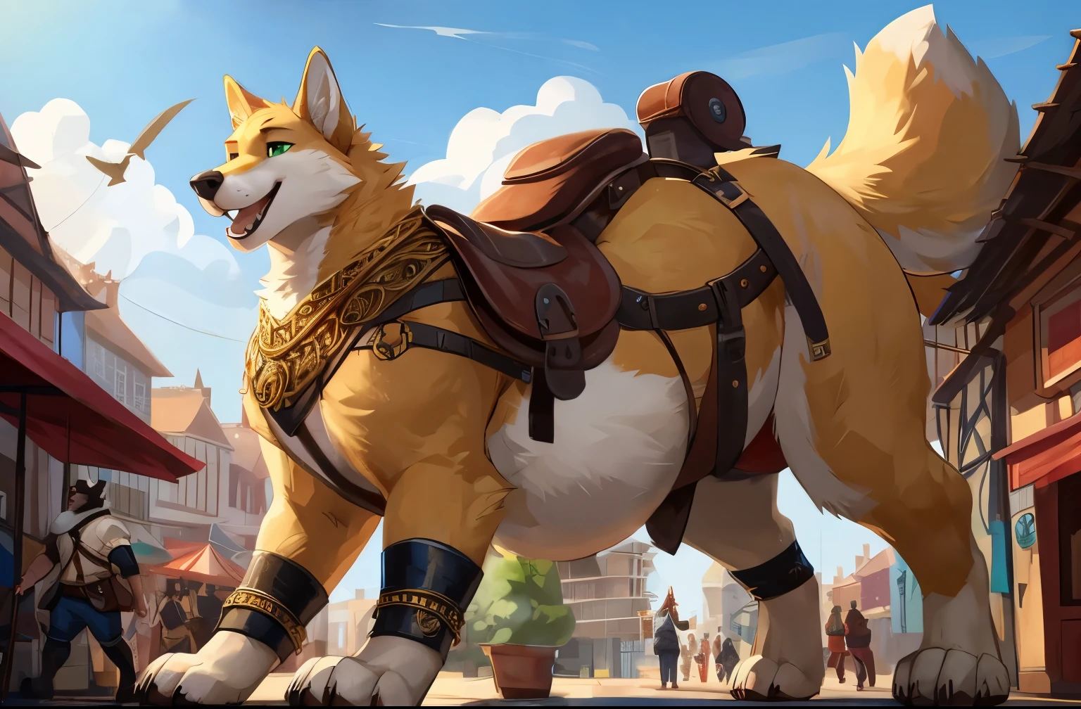 4k ultra quality, 4k full body view,ultra high detailed body,singo person,feral fox, detailed body, white belly fur, ((round feral belly)), enormous belly, enormous body,by mystikfox61, by glitter trap boy, by bebebebebe,by morethreedee, by seibear,(thick thigh),(chubby thigh),thicc thigh,thick legs,chubby legs,thicc legs,massive butt,enomorous thigh,massive thigh,massive legs,(detailed thigh),(wide thigh),thick butt,fluffy belly,furry belly,sharp nails,((sfw)),(ultra detailed face),ultra detailed eyes,cute face,green eyes,(golden fur),mouth open,big tail,fluffy tail,(detailed tail),enomorous tail,bigger tail,huge tail,bloated feral belly,enomorous thigh,fluffy paws,detailed paws,thick paws,chubby paws,huge paws,big paws,(black paws),bare paws,ornate belts,ornate necklace,golden bracelet,leather belts,multiple belts, saddle bags,ornate saddle,saddle packs,big packs,in dark dungeon,mediaeval style