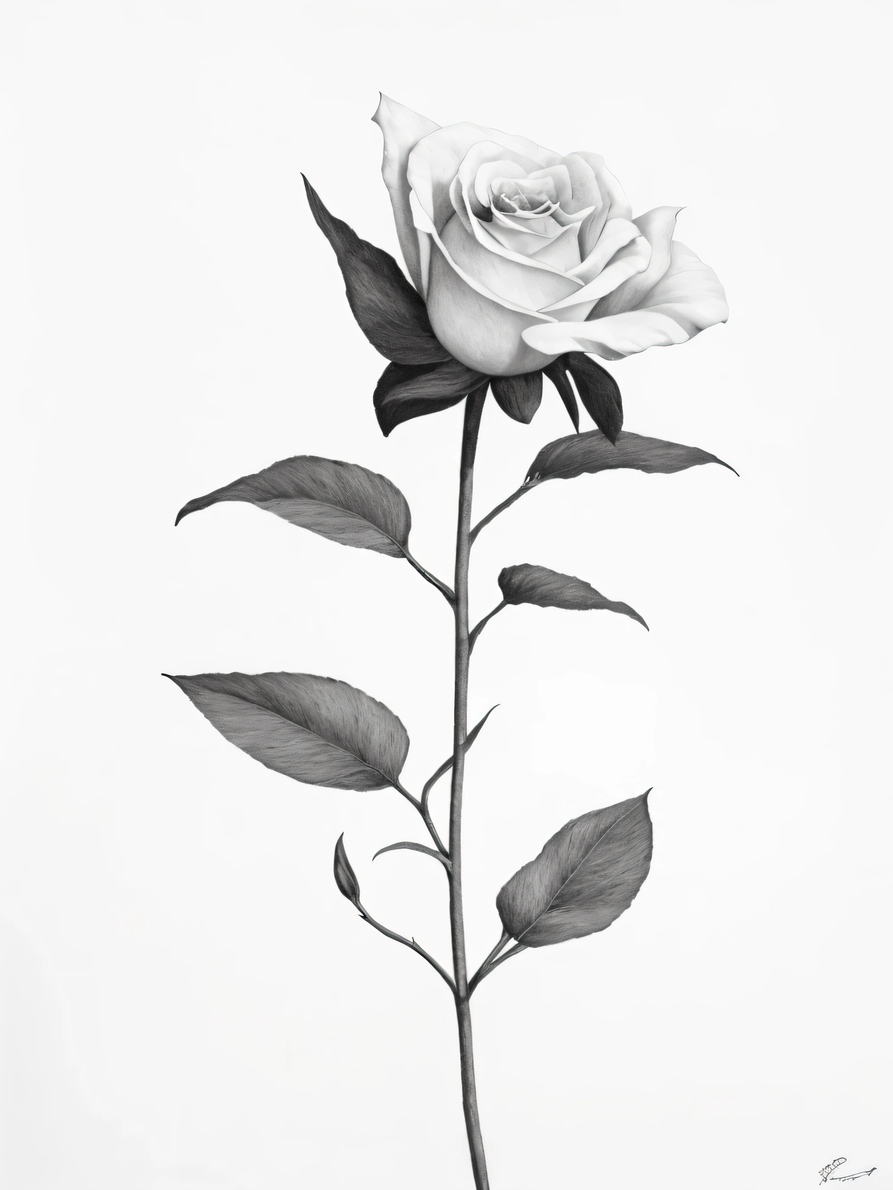 um desenho de uma rosa com folhas em um fundo branco, Direction: Shinji Aramaki, desenho elegante, por Tadashi Nakayama, arte em preto e branco, by Anna Füssli, ✏️🎨, pencil art on paper, bela obra de arte, por Rodney Joseph Burn, por Awataguchi Takamitsu, by Roberto Parada, sombreamento imaculado
