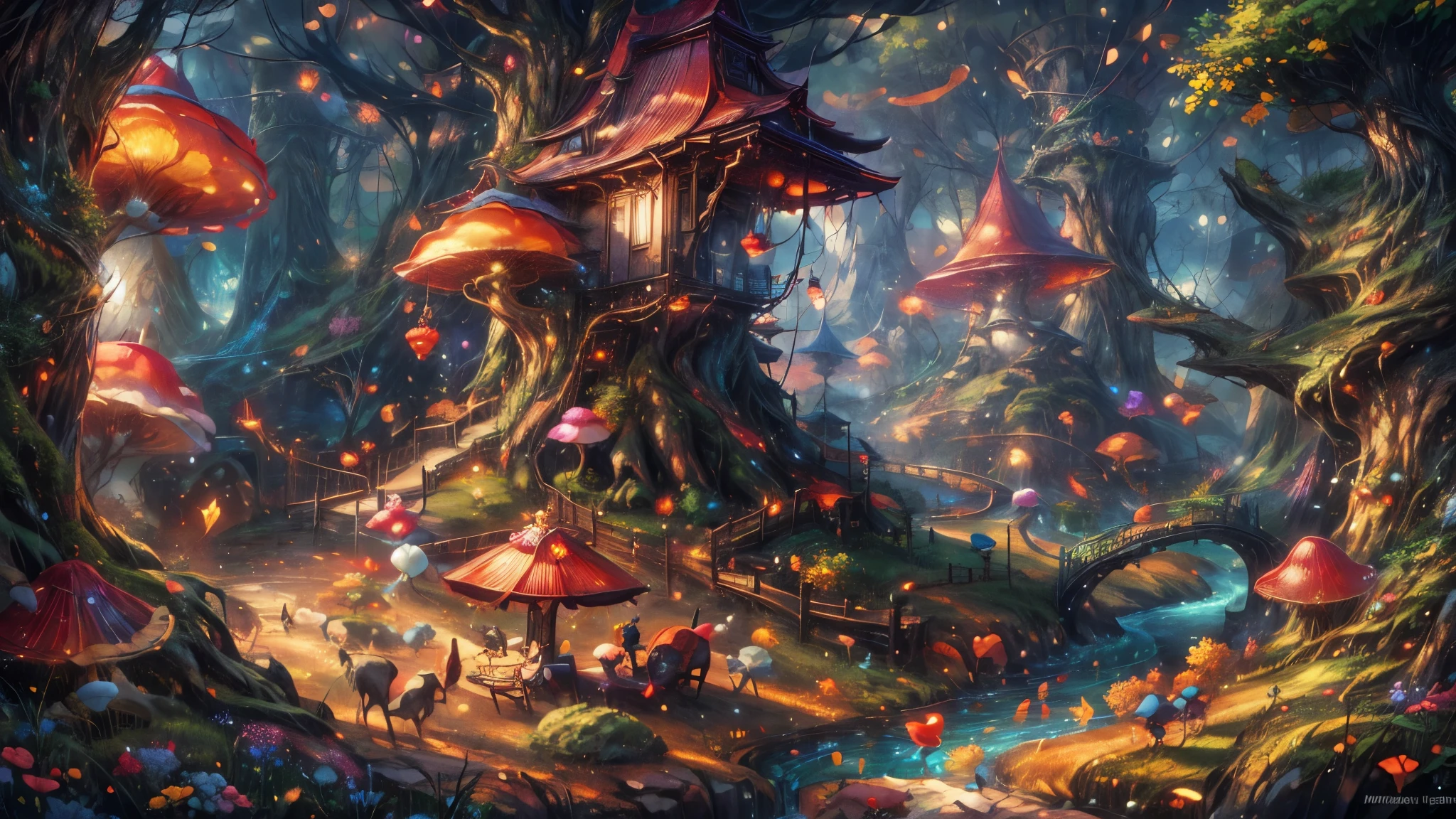 (Masterpiece), best quality, 8k, panoramic view, forest, majestic trees, colorful mushrooms, serene rivers, varied fruits, made up the enchanted setting. Natives like playful gnomes, bouncing squirrels, curious foxes, fluffy rabbits, and melodic birds brought the landscape to life. The gnomes' abodes, harmoniously integrated within the wide trees, emanated an atmosphere of peace and tranquility.