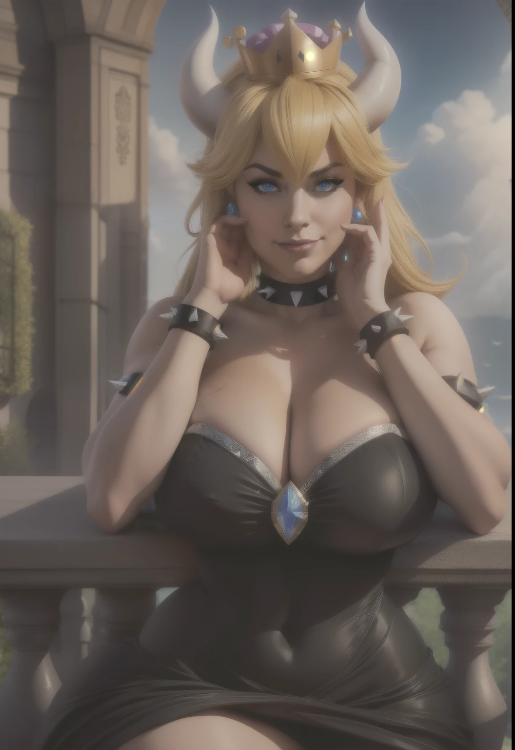 ((masterpiece)), (best quality:1.7), (detailed:1.4), (high res:1.4), 8k, (colorful:1.5), 2d, high resolution, sharped image, 4k, hd, bowsette, (1girl), (solo), blonde hair, blue eyes, spiked brazalets, spiked armlets, spidek choker, super crown, horns, ((white horns)), crown, (pink crown), ponytail, long hair, (middle body), ((thighs)), hands on own face, room, window, clouds, sun, sky, clouds, earrings, blue earrings, chest ornament, ((black dress)), furniture, plants, decoration, ((castle)), (fluffy dress), (curvy body), standing, long dress, smug, closed mouth, (strapless), ((peace symbol)),