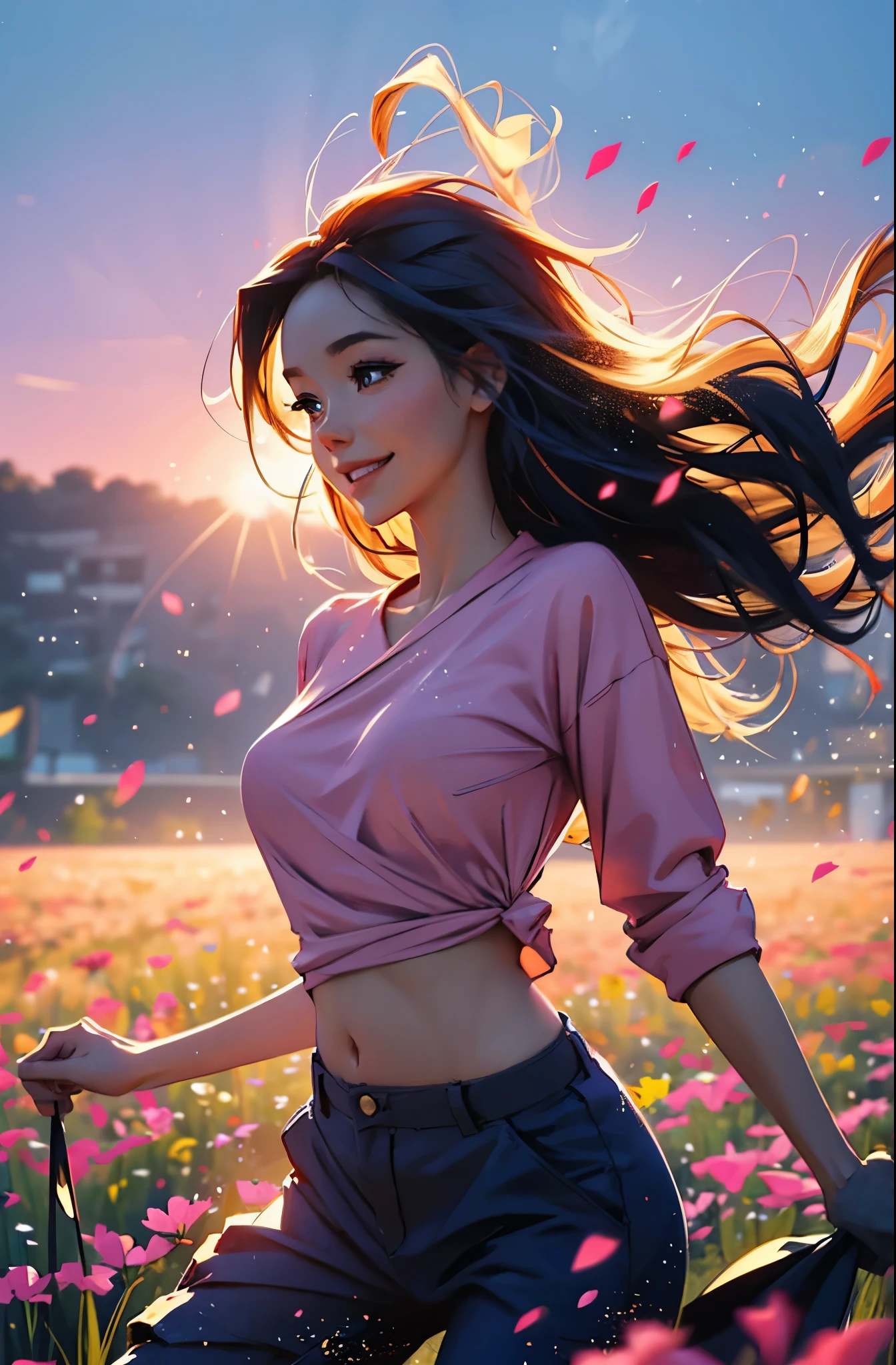 award winning digital art, half body portrait of a beautiful woman in a pink silk shirt and cargo pants with navy blue teal hairstyle with head in motion and long hair flying, big smile, sparkling eyes, sexy, in a flower field, golden sunset, particles dust, glitter, paint splashes, splatter, outrun, vaporware, shaded flat illustration, digital art, trending on artstation, highly detailed, fine detail, intricate