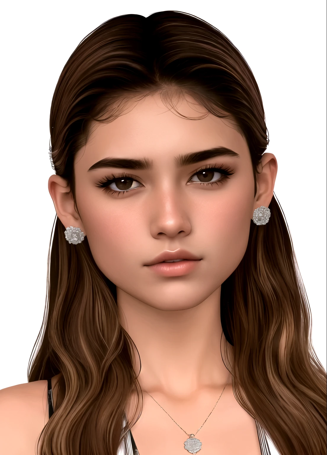 um close up de uma mulher com cabelos longos usando um colar e brincos, Realista detalhado Face, real detalhado Face, detalhado Realista Face, altamente detalhado Realista Face, Realista and detalhado Face, detalhado and Realista Face, hyperRealista teen, with very altamente detalhado Face, single Realista Face, Realista | detalhado Face, altamente_detalhado_Face!!!, inspirado em Sim Sa-jeong