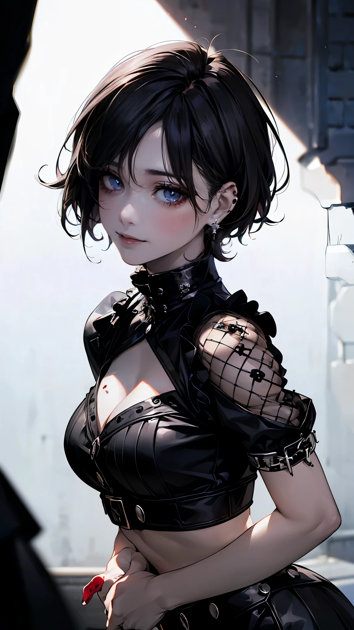 (masterpiece:1.2, highest quality), (realistic, photorealistic:1.4), beautiful illustrations, (natural side lighting, movie lighting),
looking at the viewer, Upper body, (Front view), 1 girl, perfect face, Cute symmetrical face, shiny skin, , long eyelash, (large breasts), (wide hips:1.5),short cut hair,
beautiful hair, beautiful face, detailed and beautiful eyes, beautiful body, beautiful breasts, beautiful thighs, beautiful feet, beautiful fingers,
(beautiful scenery),(cute smile:1.3, upper eye), 18yo,pale skin,a woman in black corset and goth hair, with piercings, 1girl, solo, black hair, short hair, ring,(pierce:1.5),(punk style:1.5),(gothic dress),(black lips:1.7),side layered skirt,black bra,(gulp down blood from one's mouth:1.2)