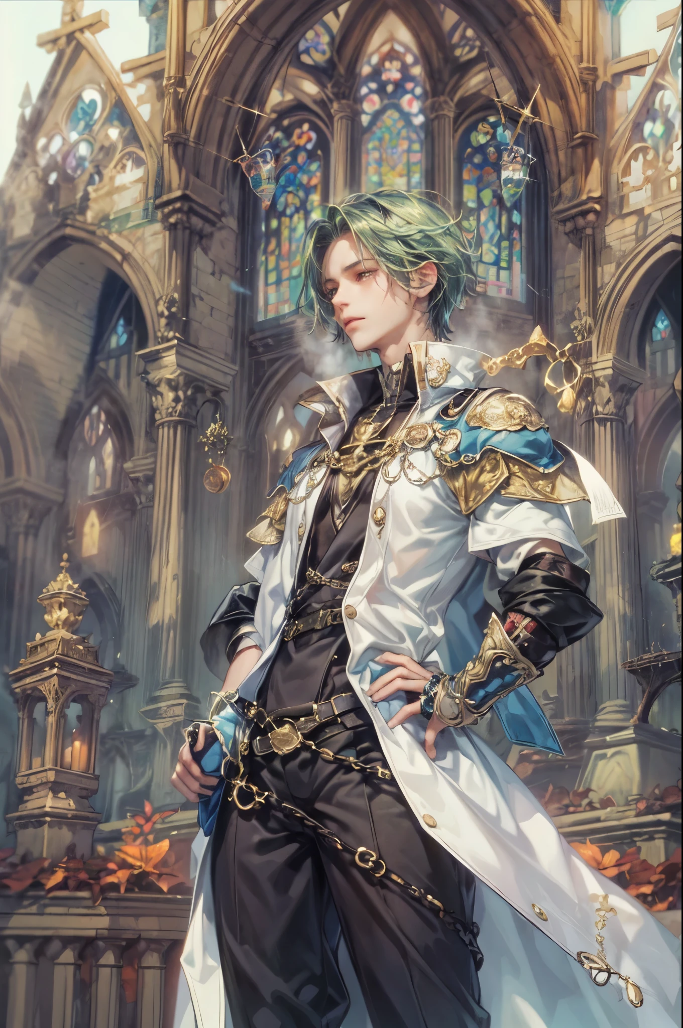 ((Best quality)), ((masterpiece)), (detailed), ((perfect face)), ((halfbody)) handsome face, male, boy, perfect proportions , a character from anime legend of mana teardrop crystal, obsidian hair, short hair, male version , gnostic church of domina scene, gnostic church of domina background, gnostic ghibli scenery background
