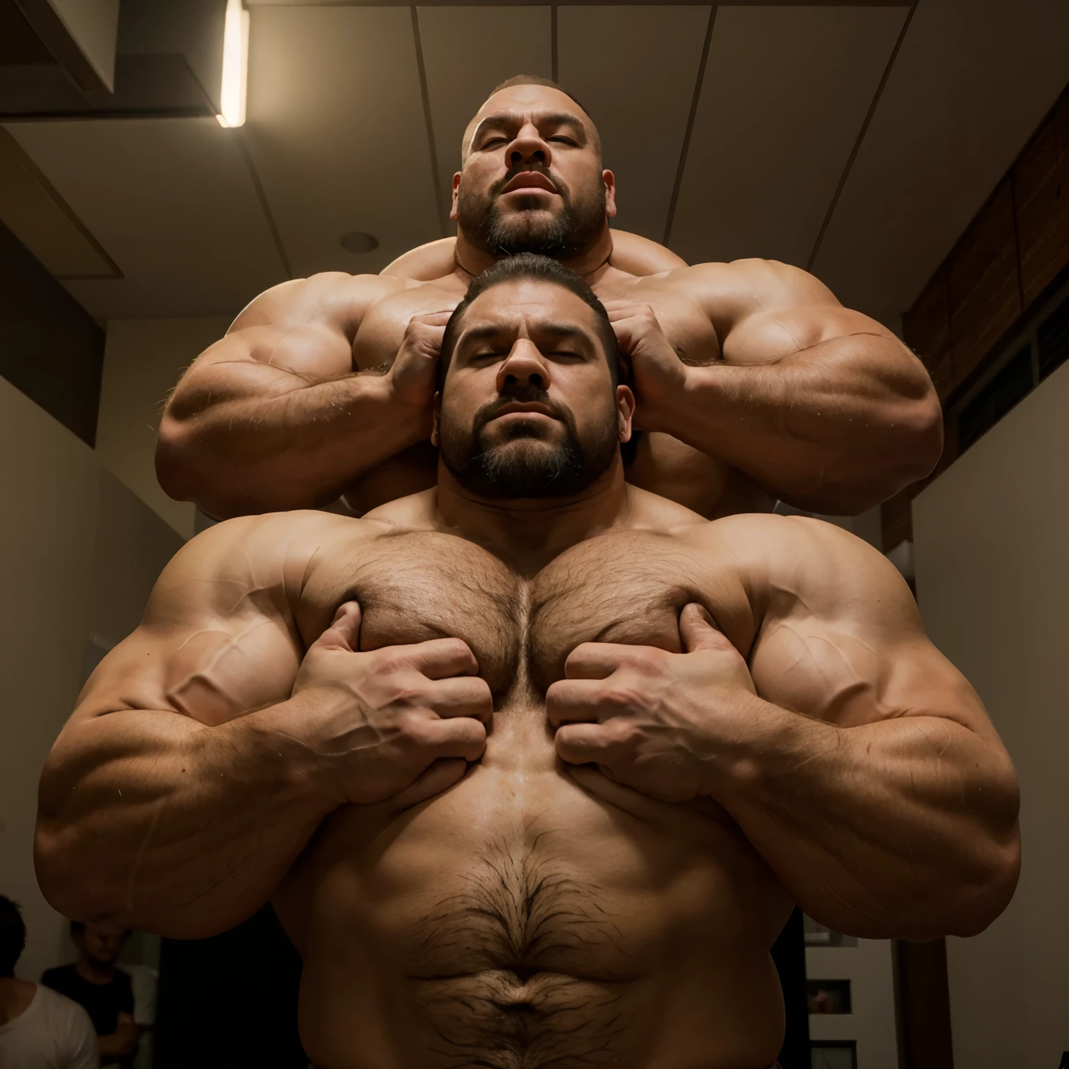Dos hombres musculosos peleando, uno agarrando de la cabeza al otro, epic pose, dynamic, dragon ball style strongmen