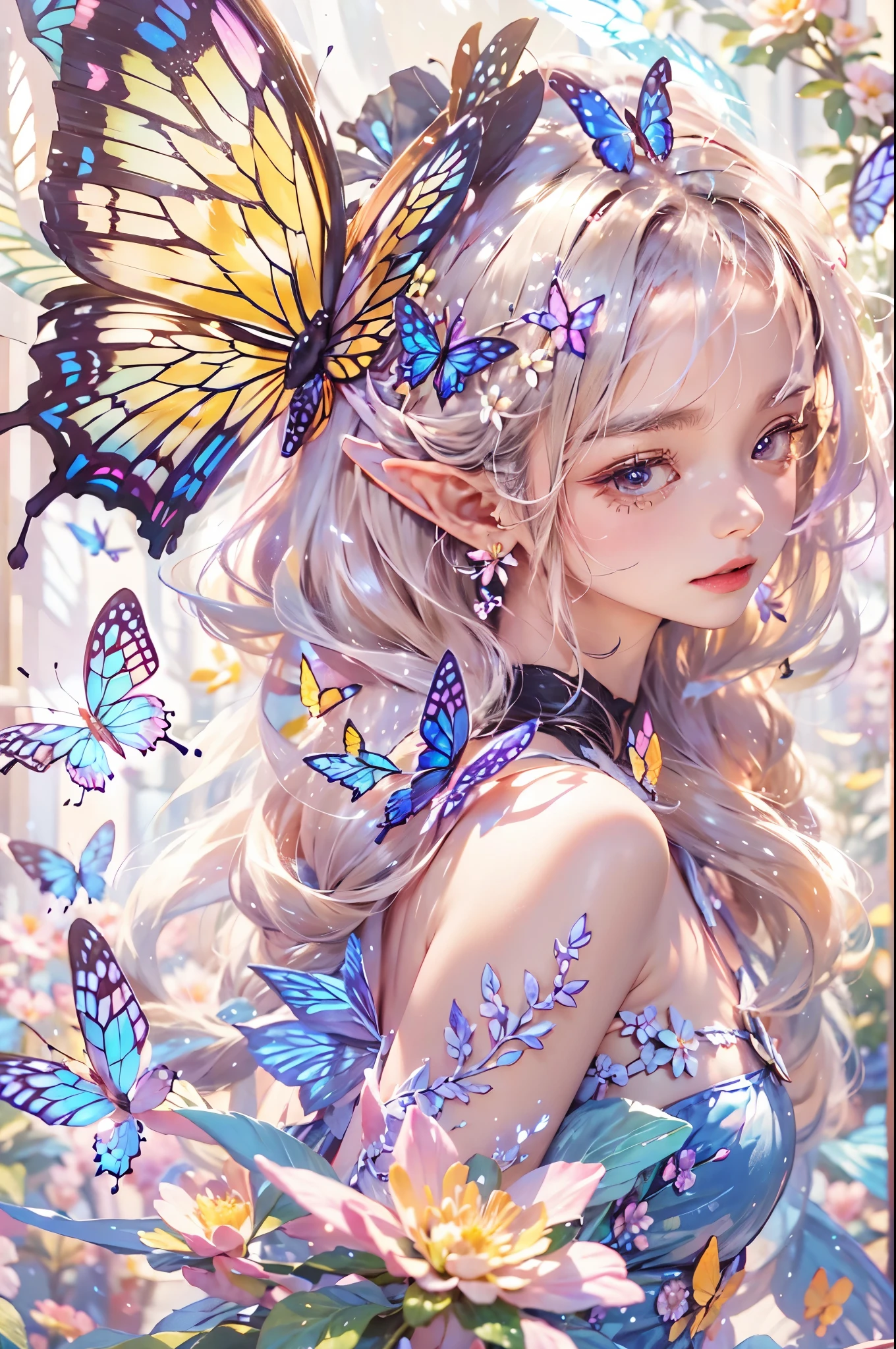 best quality，masterpiece，16k，1girl,Butterflies on the Head,Butterfly on shoulder, antennae,Butterfly in hand, blonde hair, blue butterfly, blue flower, blue wings, blurry, blurry background, blurry foreground, butterfly, butterfly hair ornament, butterfly on hand, butterfly wings, daisy, depth of field, earrings, fairy, fairy wings, flock, flower, flying, garden, glowing, glowing butterfly, glowing wings, hair ornament, ice wings, insect wings, lily \(flower\), lotus, motion blur, multicolored wings, nose, on head, on shoulder, pink flower, pink wings, pointy ears, purple flower, short hair, solo, stud earrings, upper body, vaporeon, white butterfly, white flower, wings, yellow butterfly, yellow flower, yellow wings,Dawn Elf,dawn,glow,Glowing wings,Dress,Multiple butterflies,Glowing Butterfly