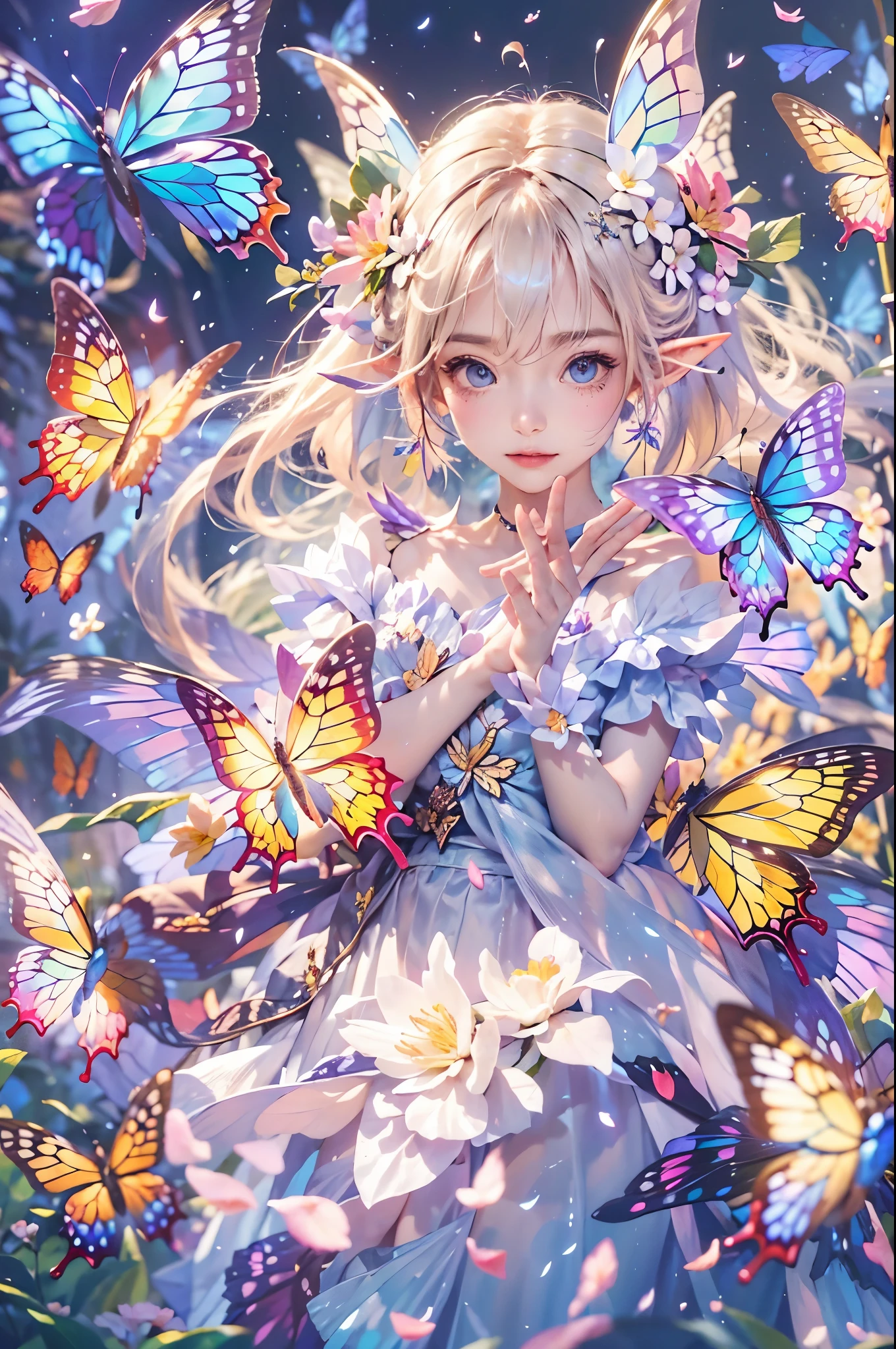 best quality，masterpiece，16k，1girl,Butterflies on the Head,Butterfly on shoulder, antennae,Butterfly in hand, blonde hair, blue butterfly, blue flower, blue wings, blurry, blurry background, blurry foreground, butterfly, butterfly hair ornament, butterfly on hand, butterfly wings, daisy, depth of field, earrings, fairy, fairy wings, flock, flower, flying, garden, glowing, glowing butterfly, glowing wings, hair ornament, ice wings, insect wings, lily \(flower\), lotus, motion blur, multicolored wings, nose, on head, on shoulder, pink flower, pink wings, pointy ears, purple flower, short hair, solo, stud earrings, upper body, vaporeon, white butterfly, white flower, wings, yellow butterfly, yellow flower, yellow wings,Dawn Elf,dawn,glow,Glowing wings,Dress,Multiple butterflies,Glowing Butterfly