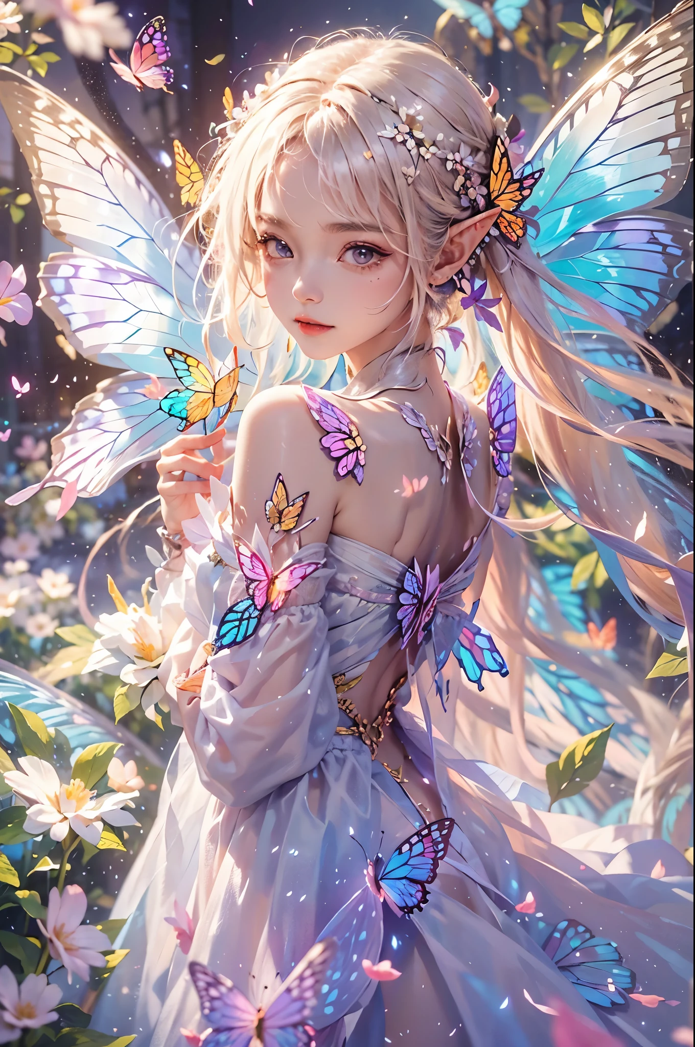 best quality，masterpiece，16k，1girl,Butterflies on the Head,Butterfly on shoulder, antennae,Butterfly in hand, blonde hair, blue butterfly, blue flower, blue wings, blurry, blurry background, blurry foreground, butterfly, butterfly hair ornament, butterfly on hand, butterfly wings, daisy, depth of field, earrings, fairy, fairy wings, flock, flower, flying, garden, glowing, glowing butterfly, glowing wings, hair ornament, ice wings, insect wings, lily \(flower\), lotus, motion blur, multicolored wings, nose, on head, on shoulder, pink flower, pink wings, pointy ears, purple flower, short hair, solo, stud earrings, upper body, vaporeon, white butterfly, white flower, wings, yellow butterfly, yellow flower, yellow wings,Dawn Elf,dawn,glow,Glowing wings,Dress,Multiple butterflies,Glowing Butterfly