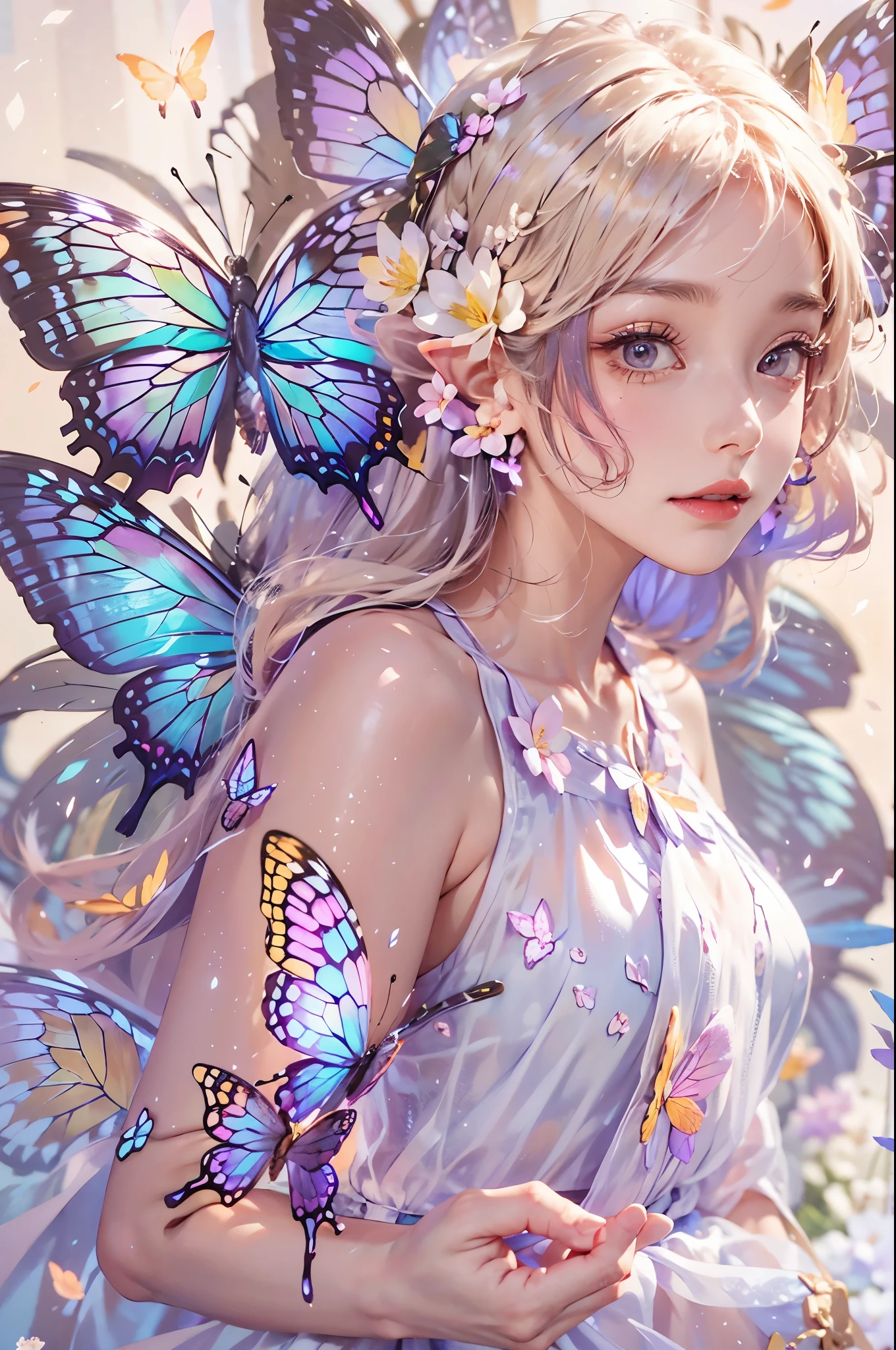 best quality，masterpiece，16k，1girl,Butterflies on the Head,Butterfly on shoulder, antennae,Butterfly in hand, blonde hair, blue butterfly, blue flower, blue wings, blurry, blurry background, blurry foreground, butterfly, butterfly hair ornament, butterfly on hand, butterfly wings, daisy, depth of field, earrings, fairy, fairy wings, flock, flower, flying, garden, glowing, glowing butterfly, glowing wings, hair ornament, ice wings, insect wings, lily \(flower\), lotus, motion blur, multicolored wings, nose, on head, on shoulder, pink flower, pink wings, pointy ears, purple flower, short hair, solo, stud earrings, upper body, vaporeon, white butterfly, white flower, wings, yellow butterfly, yellow flower, yellow wings,Dawn Elf,dawn,glow,Glowing wings,Dress,Multiple butterflies,Glowing Butterfly