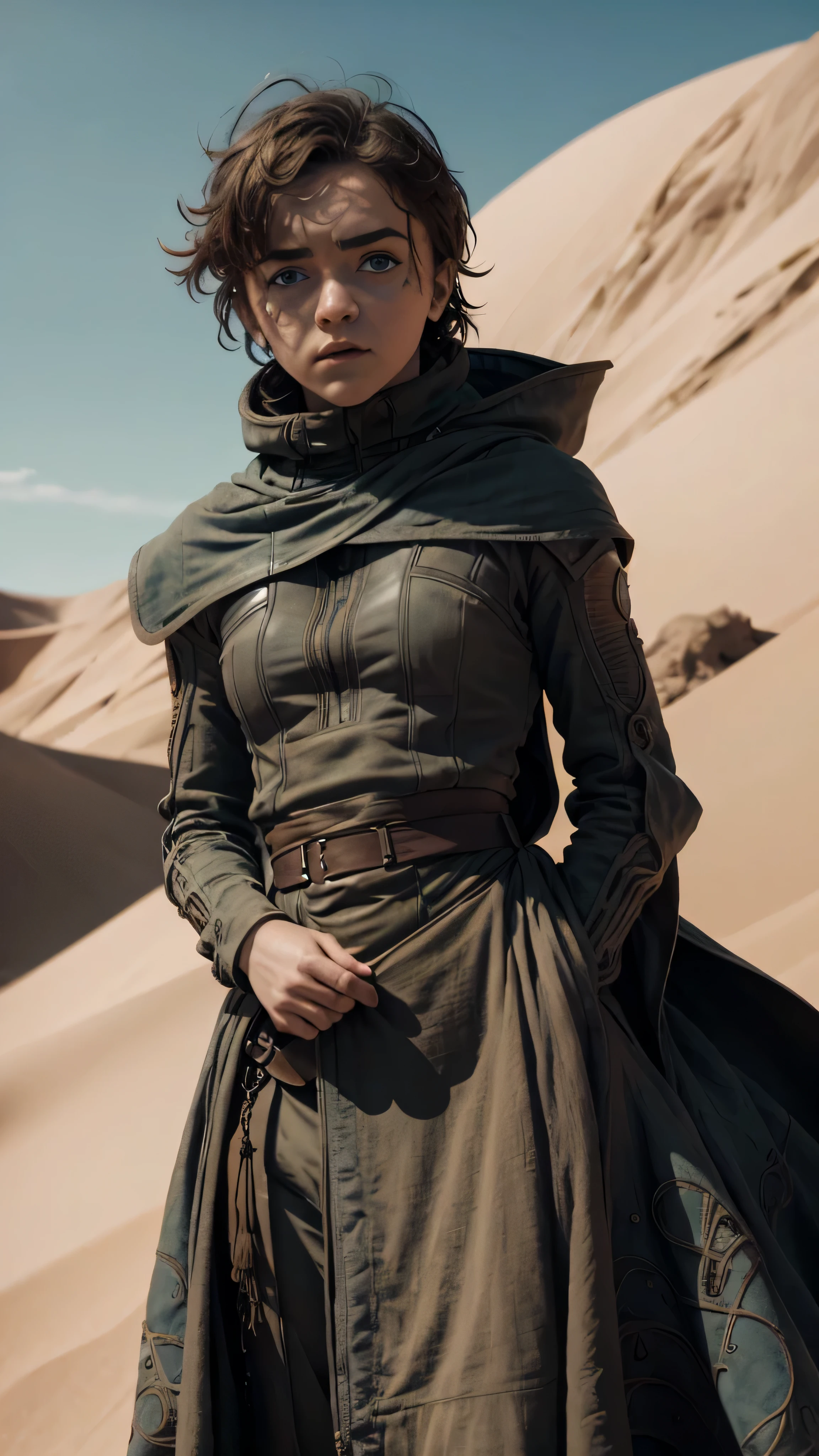 Dune style, ((Maisie Williams)), Frank Herbert's Dune universe, in the desert, a lot of dust in the air, background of blue eyes, blue eyes (full blue eyes), 1woman, solo, beautiful detailed glow, detailed, cinematic light, intricate detail, realistic, highres, detailed facial features, high detail, sharp focus, smooth, aesthetic, extremely detailed, stamp, octane render