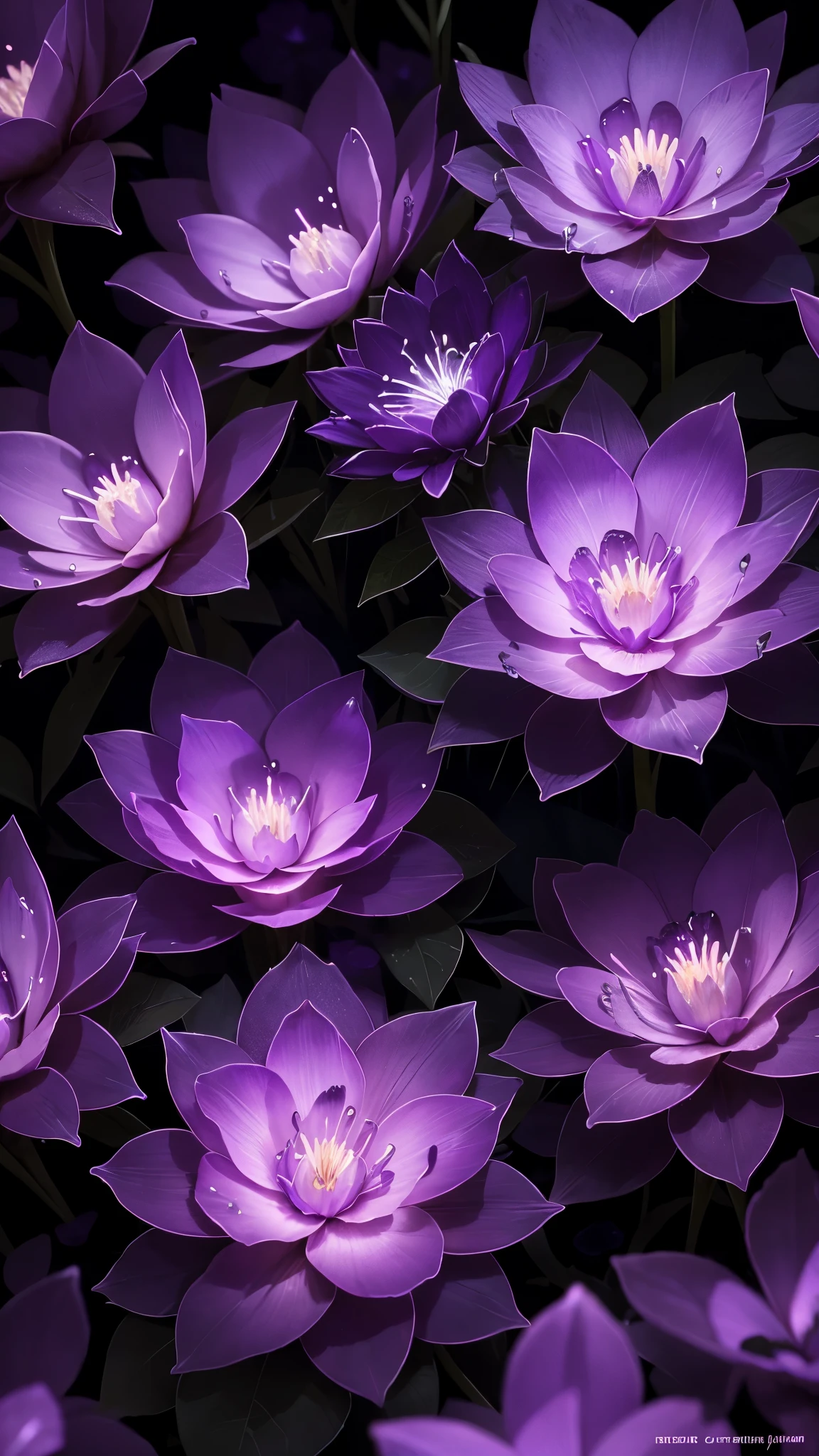 purple flowers with water droplets on them in the dark, glowing purple, glowing flowers, glowing neon flowers, purple glow, purple bioluminescence, purple lights, neon flowers, cool purple lighting, dark purple lighting, luminous flowers, purple lighting, moody purple glow light, soft neon purple lighting, purple light, neon purple light, purple neon, soft purple glow