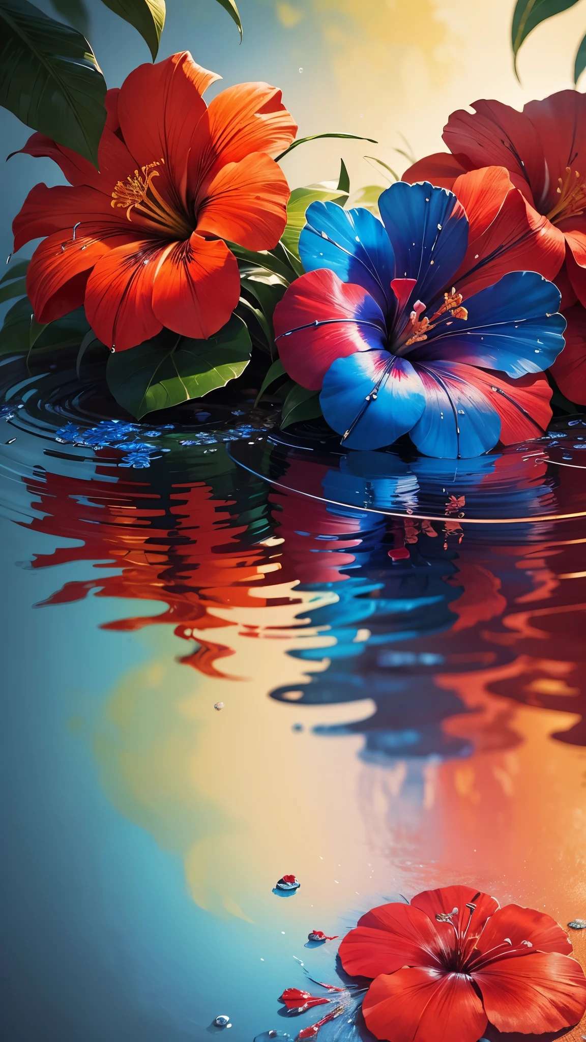 two red and blue flowers with water droplets on them, a photorealistic painting by Marie Bashkirtseff, flickr, fine art, magical colorful flowers, beautiful tropical flowers, beautiful vibrant colors, hibiscus flowers, beautiful and colorful, tropical flowers, rich flower colors, large exotic flowers, blooming tropical flowers, very vibrant colors, vibrant and rich colors, colorful flowers