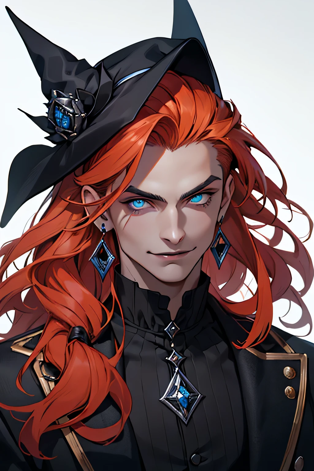 ((Mejor calidad)), ((Obra maestra)), (detallado), cara perfecta, Stunning hombre joven, beautiful fantasy villain, encantador mago oscuro.
Sharp Asian-European features. Retrato de medio cuerpo. hombre joven.
gothic makeup: delineador de ojos negro, black lipstick. labios negros color de ojos azules. iris azul. Blue eyes.
pelo naranja ondulado muy largo.
pelo de dos tonos: orange to crimson hair color gradient.
Adornado con aretes adornados en negro.
Dressed in Victorian Gothic clothing.
Evoca una vibra amenazadora de mago oscuro., sonrisa maligna.
Asegura una mirada intensa.