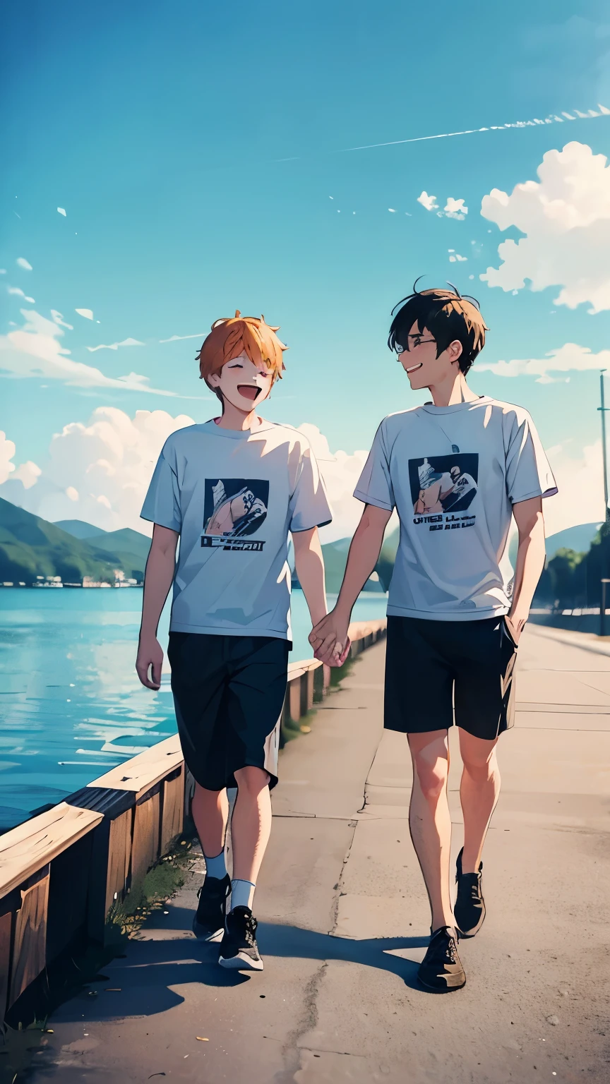 Photos of two male best friends , walking beside a lake , hanging around while smiling and laughing, wearing full hand t-shirt, highlighted hair , afternoon sky,ultra quality, sharp focus, studio photo, hyper detailed 