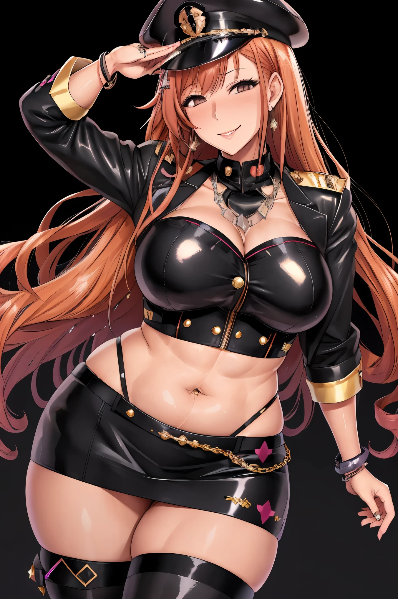 (arisugawa natsuha:1.2), long hair, orange hair, grey eyes, salute, hand on hip, gold earrings, large breasts, jewelry, military cap, (military uniform), (epaulette), jacket, harness, thigh strap, black thigh boots, (pencil skirt), miniskirt, corruption, (dark-skinned female, dark skin:1.3), empty eyes, half-closed eyes, evil smile, no pupils, smirk, ((milf)), mature female, married woman, (dark theme:1.2), dark persona, gigantic hanging breasts, skindentation, chubby, voluptuous, thick thighs, wide hips, from the front, (chromatic aberration, intricate details), dynamic angle