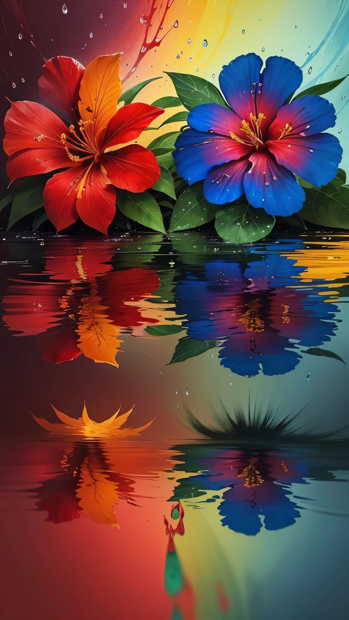 two red and blue flowers with water droplets on them, a photorealistic painting by Marie Bashkirtseff, flickr, fine art, magical colorful flowers, beautiful tropical flowers, beautiful vibrant colors, hibiscus flowers, beautiful and colorful, tropical flowers, rich flower colors, large exotic flowers, blooming tropical flowers, very vibrant colors, vibrant and rich colors, colorful flowers