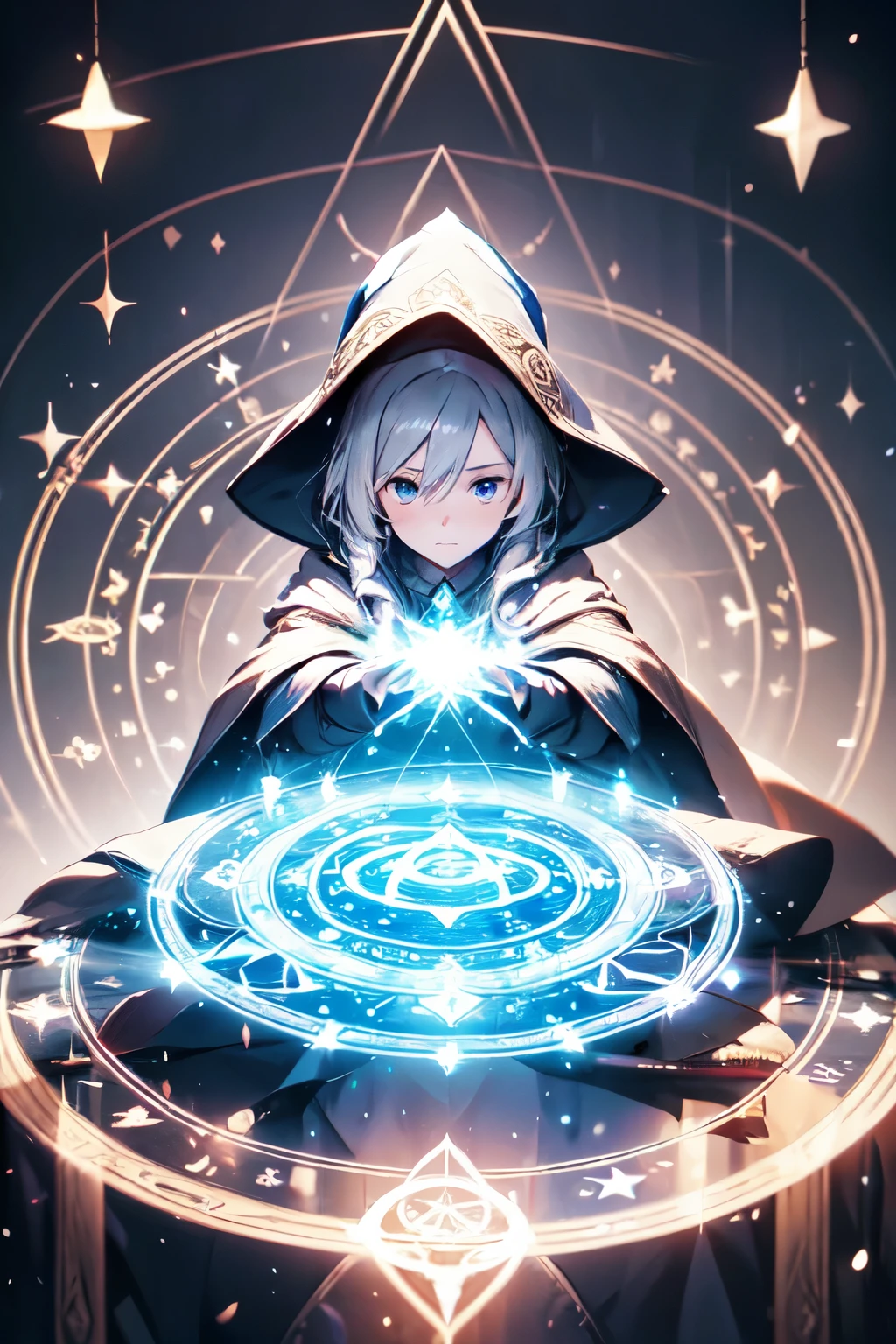 A girl, alone, wearing a wizard hat and a cloak, Magic Circle, spell, magic circle, soft particles, dimly lit chamber, fantasy, bokeh, depth of field, soft lighting, masterpiece, best quality.