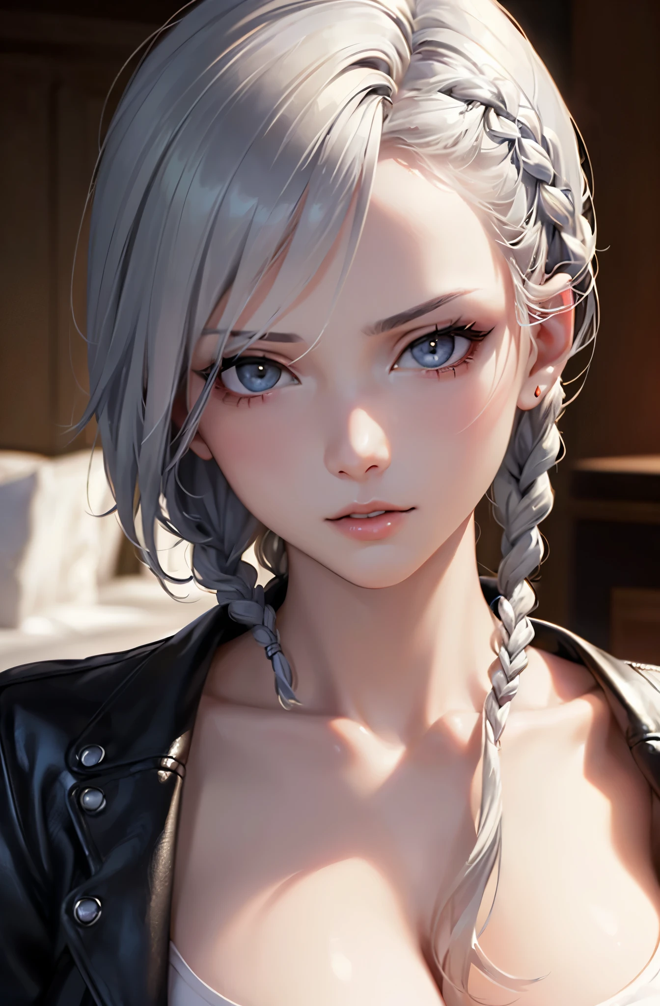 (masterpiece:1.5)、(highest quality:1.5)、(8K:1.2)、(Super detailed:1.2)、(realistic:1.2)、(ultra high resolution:1.2)、(Highly detailed and realistic skin:1.2)、(Very detailed and clean sharp eyes:1.2)、(dynamic pose:1.2)、(dynamic pose angle:1.2)、(hotel room:1.2)、(black leather jacket:1.2)、break、(18 year old woman with slender figure:1.3)、(cleavage)、(beautiful eyeliner)、(beautiful eyeshadow)、natural color lip、break、(white tank top shirt:1.2)、break、(silver asymmetric short braid hair:1.3)、(beautiful medium breasts)、(looking down and glaring:1.2)、(Focus on the face:1.3)
