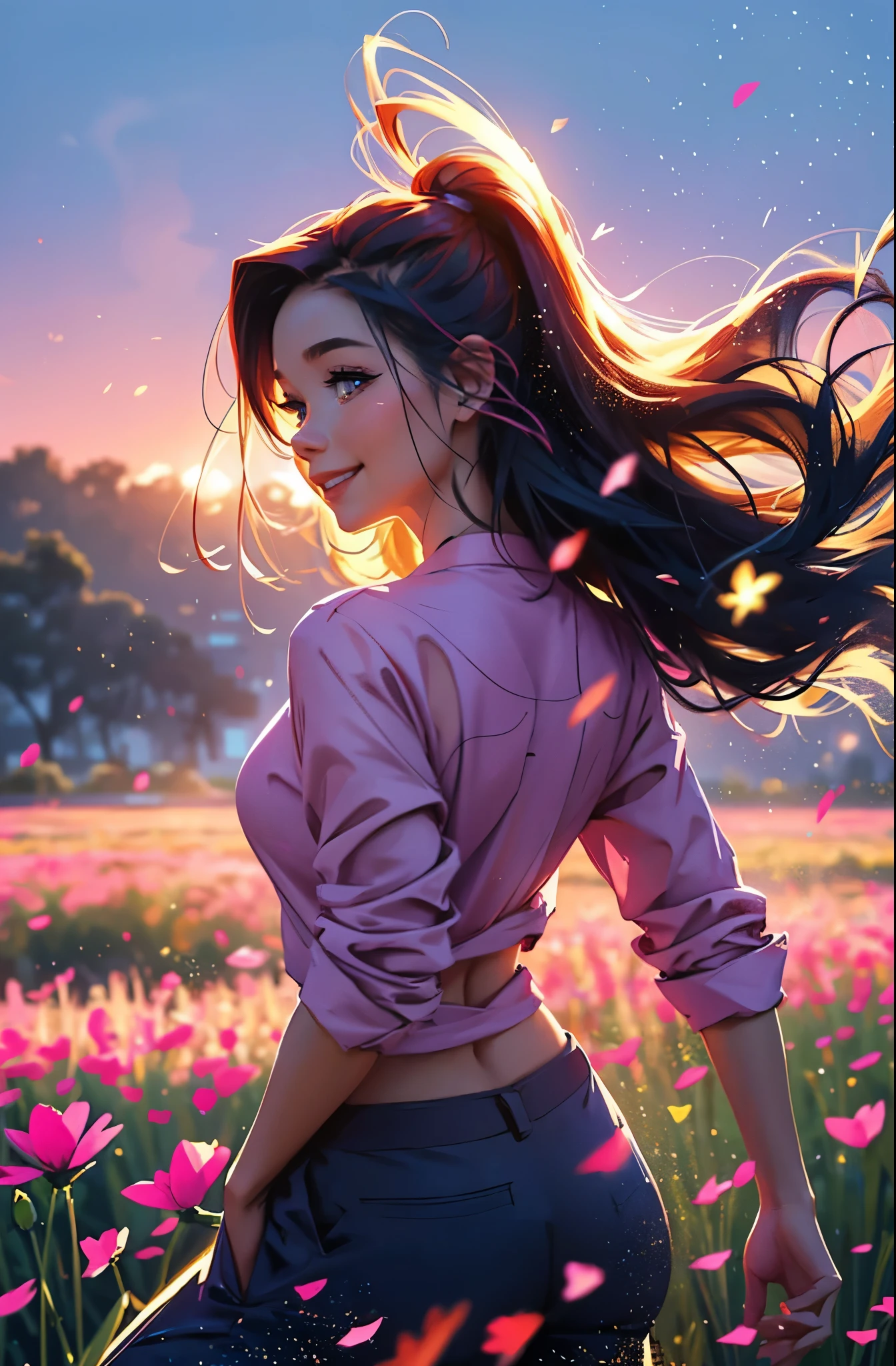 award winning digital art, half body portrait of a beautiful woman in a pink silk shirt and cargo pants with navy blue teal hairstyle with head in motion and long hair flying, big smile, sparkling eyes, sexy, in a flower field, golden sunset, particles dust, glitter, paint splashes, splatter, outrun, vaporware, shaded flat illustration, digital art, trending on artstation, highly detailed, fine detail, intricate