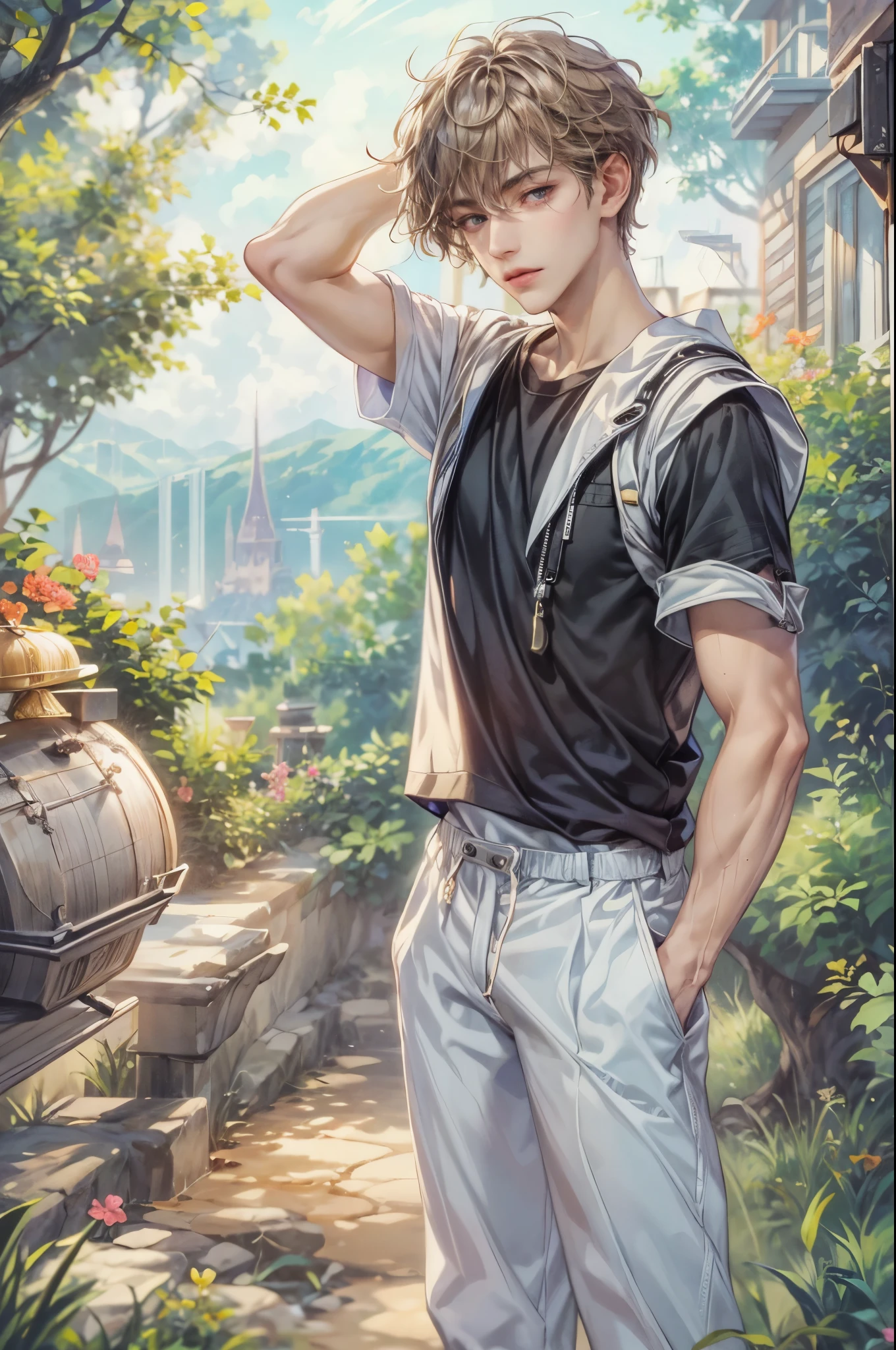 ((Best quality)), ((masterpiece)), (detailed), ((perfect face)), ((halfbody)) handsome face, male, teen boy, perfect proportions , a character from anime Pokémon, short hair, male version , hands hiding in clothes,detailed background, detailed scenery background