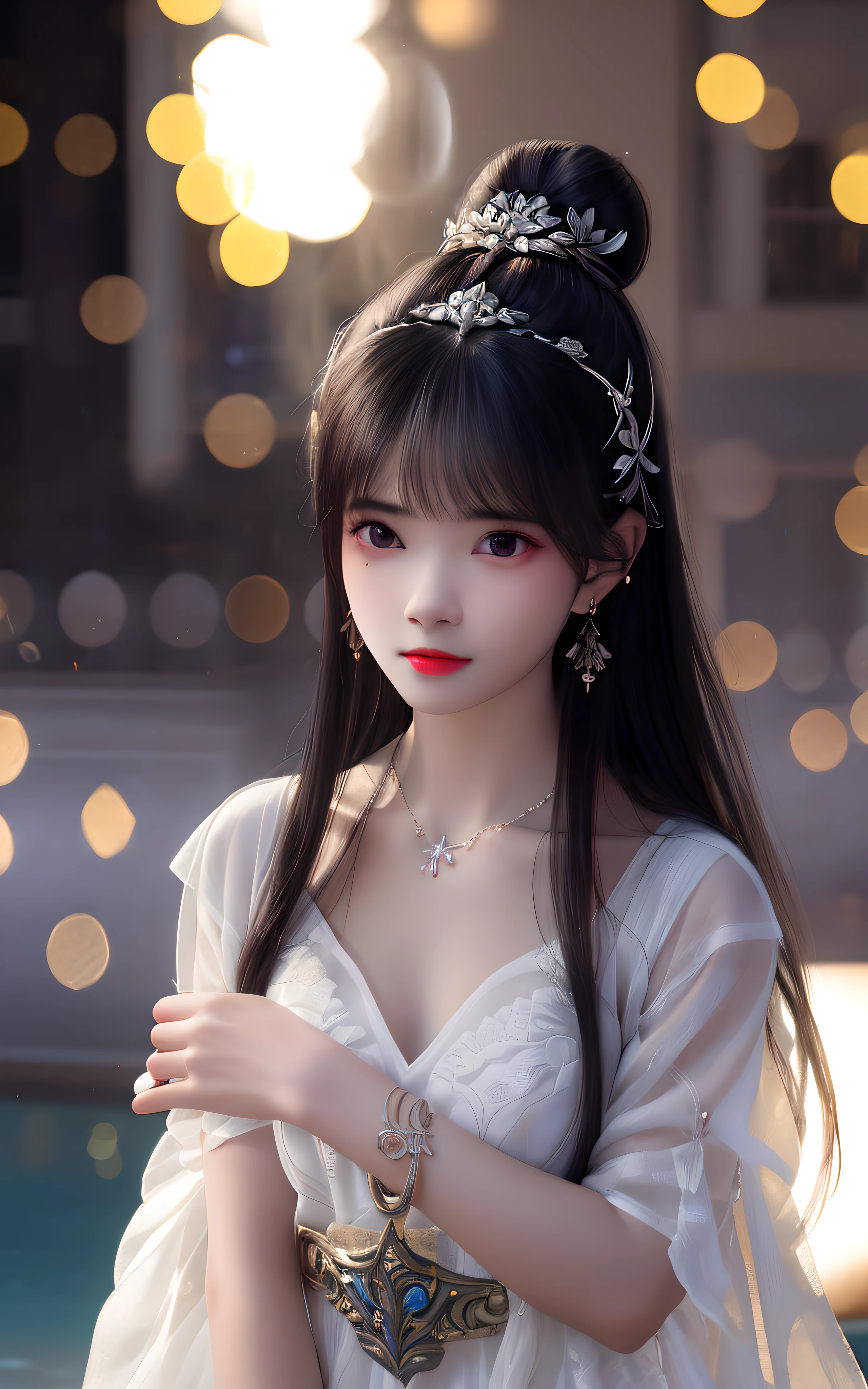best quality,masterpiece,high resolution,CG,
1 girl,arms,sword,long hair,skirt,water,alone,jewelry,white skirt,earrings,hair accessories,splash,Upper body,bun,black hair,
light,confess,photo,high resolution,4k,8k,Bokeh,