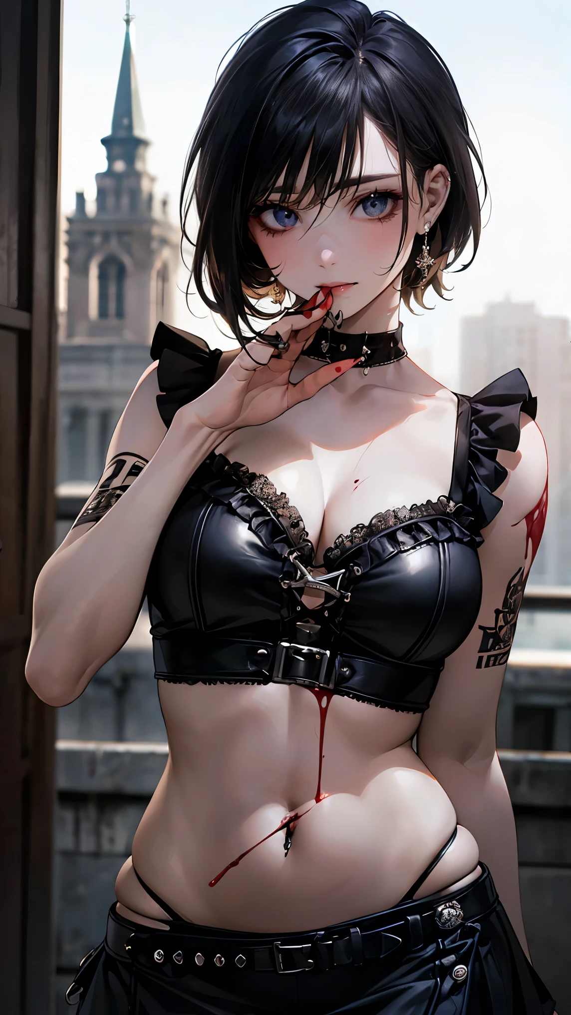 (masterpiece:1.2, highest quality), (realistic, photorealistic:1.4), beautiful illustrations, (natural side lighting, movie lighting),
looking at the viewer, Upper body, (Front view), 1 girl, perfect face, Cute symmetrical face, shiny skin, baby face, long eyelash, (large ), (wide hips:1.5),short cut hair,
beautiful hair, beautiful face, detailed and beautiful eyes, beautiful body, beautiful breastsiful thighs, beautiful feet, beautiful fingers,
(beautiful scenery),(cute smile:1.3, upper eye), 18yo,pale skin,a woman in black corset and goth hair, with piercings, 1girl, solo, black hair, short hair, ring,(pierce:1.5),(punk style:1.5),(gothic dress),side layered skirt,black bra,(gulp down blood from one's mouth:1.5),vampire