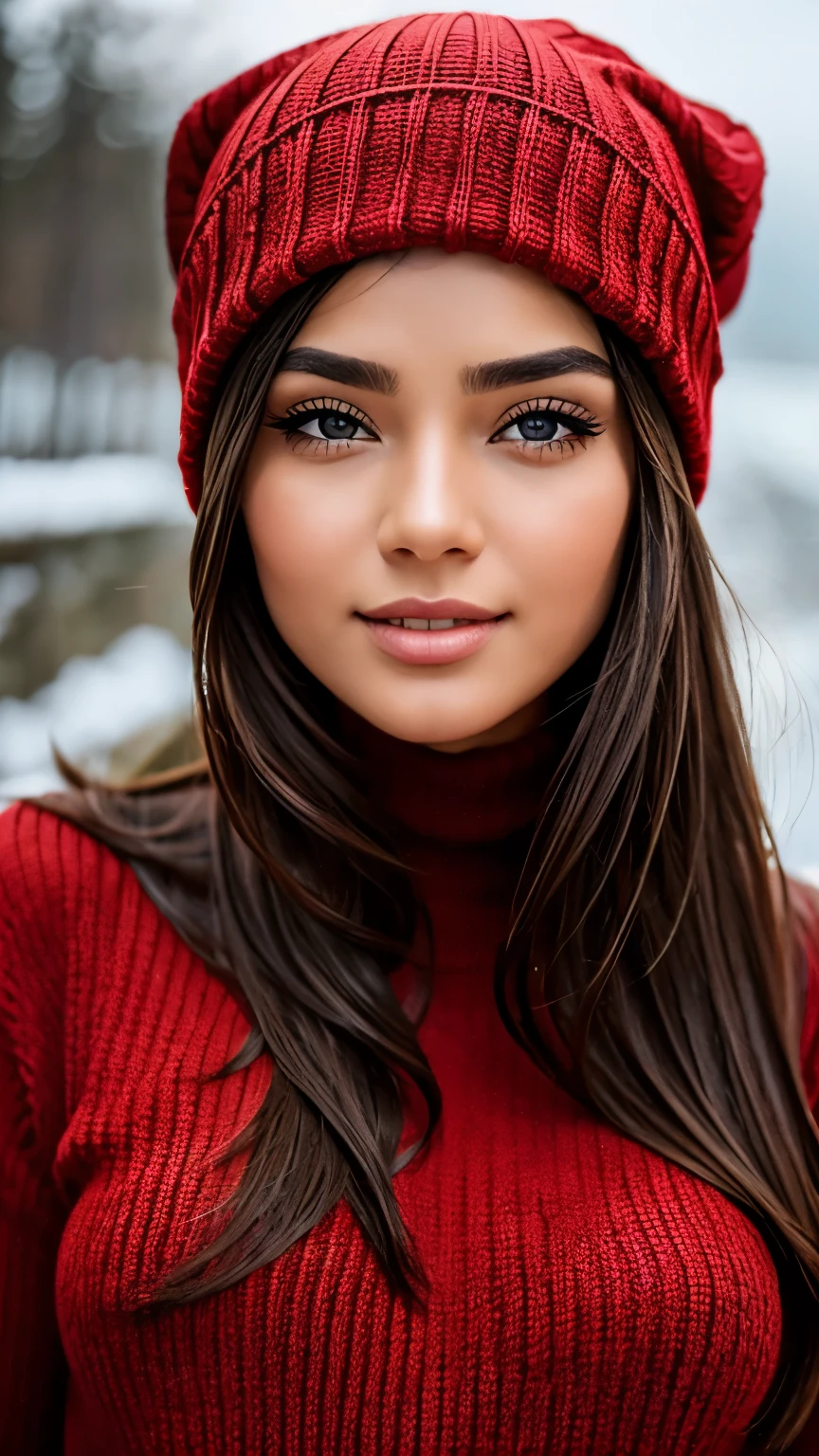 Very very very sexy girl, 1girl, solo, brunette hair, parted hair style, wearing long jumper, wearing a woollen beanie, body shot, Detailed skin, Detailed Face, Detailed Lips, Detailed Eyes, light make up, seductive smile, happy, textured skin, super detail lighting,  snowy background, winter atmosphere, 