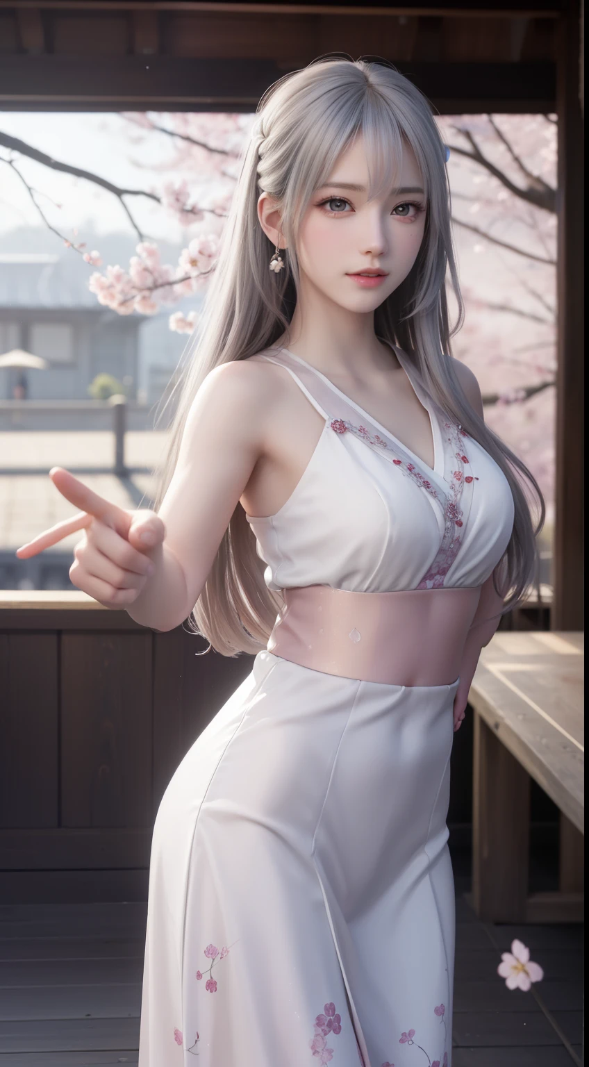 ((logo, masterpiece, 8k, table top, RAW photo, wonderful, 最high quality, Photorealistic and hvery detailed CG integrated 8k wallpaper, high quality, very detailed, Narrative poem, particle effects, dynamic effects, Depth of written boundary, cinematic light, Lens flare, ray tracing, anatomically accurate)), fantasy, 1 beautiful woman, ((white hair)), clear eyes, long hair, beautiful face, real face, 緻密でbeautiful eyes, beautiful skin, ((dancing woman, 優雅にdancing woman, 雪景色の中でdancing woman, 激しくdancing woman)), ((long hairがWindでなびく, long hairが跳ねる, long hairがWindで踊る)), hair jump, jewelry, beautiful eyes, white kimono, white obi, 白いcherry blossomsの刺繍模様, silver earrings, Light is shining, ((cherry blossoms, cherry blossomsの木, cherry blossomsの花びらが舞う, cherry blossoms吹雪, falling petals)), blue sky and white clouds background, 広大なWind景, Wind, grassland, Vast land in mythology, Spectacular view, 美しい自然のWindのWind景, hair color is white, cherry blossomsの花びらが舞う, cherry blossomsの木