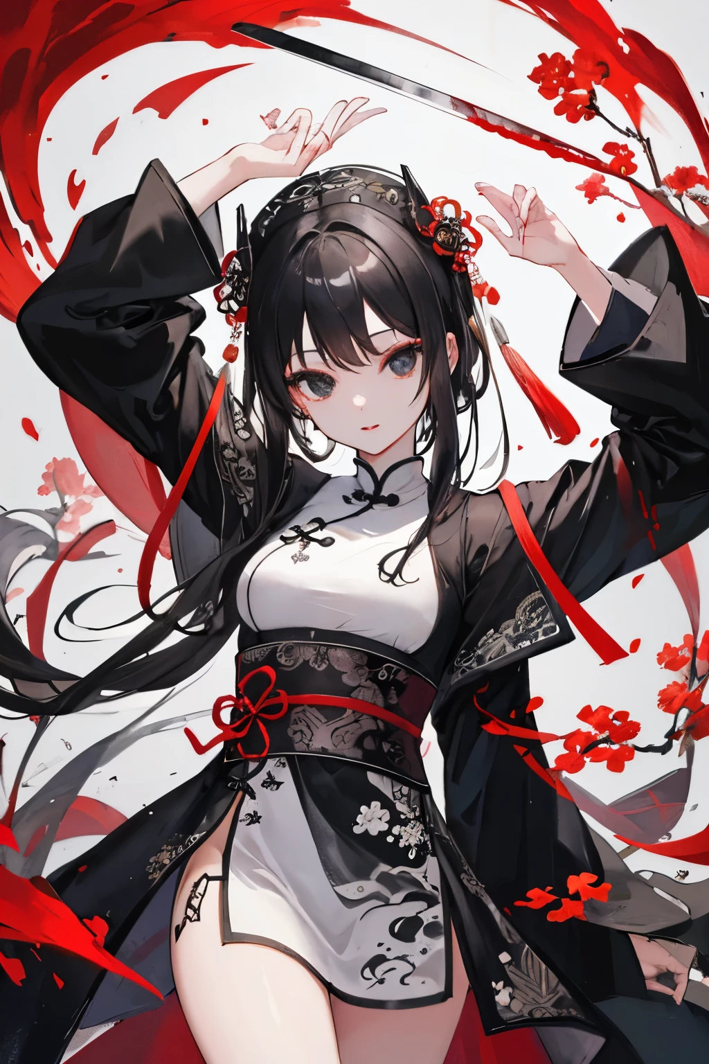 ((highest quality)), ((masterpiece)), (be familiar with), perfect face、beautiful、girl、Chinese style、China、ink、sword、Blood、black hair、black eye、Chinese styleの服、China風の建物、study、black clothes