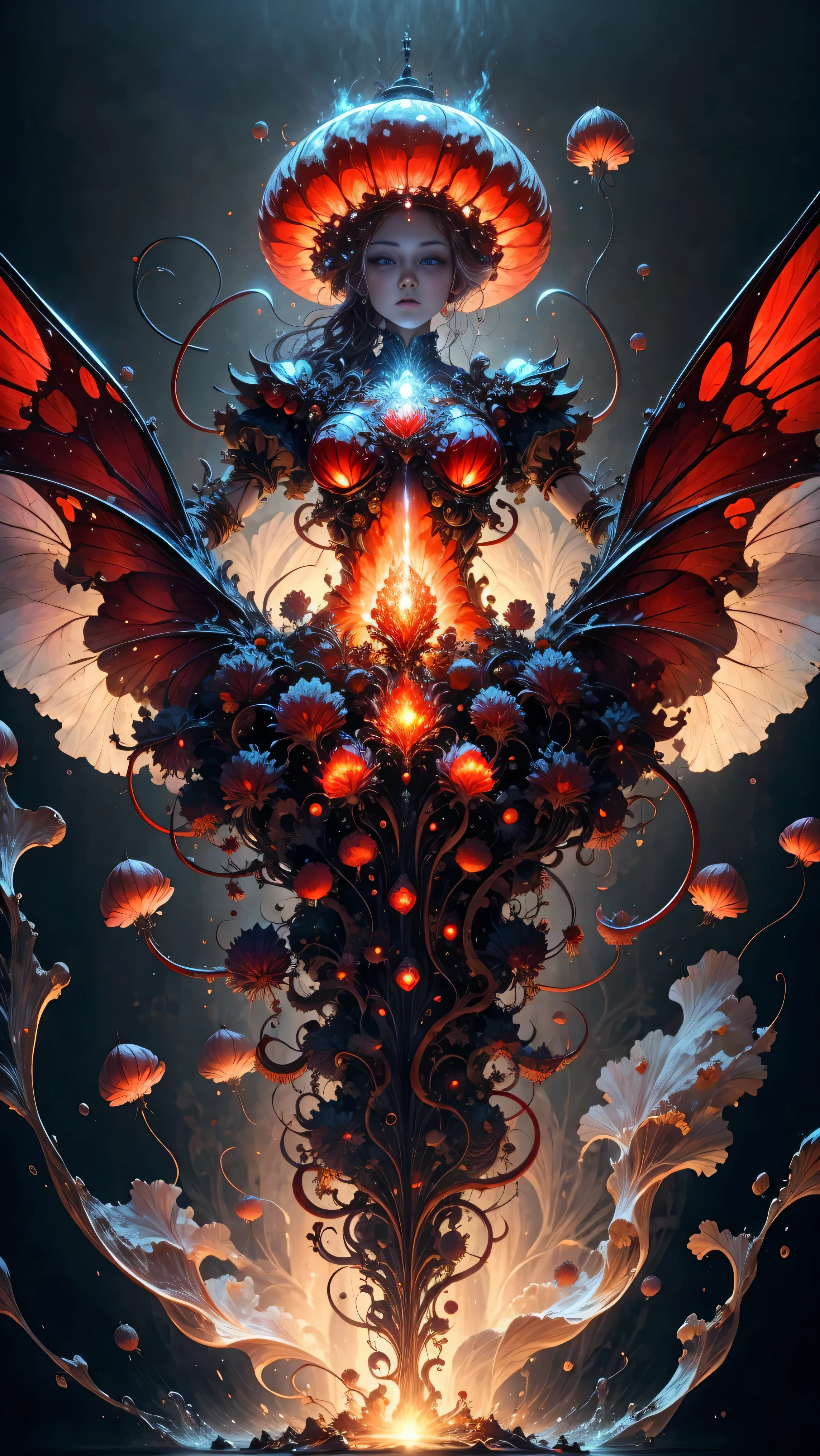 (best quality,4k,8k,high resolution,masterpiece:1.2),Super detailed,(actual,photoactual,photo-actual:1.37),bright colors,fire element jellyfish,fire element,fusion of fire element and jellyfish,Vibrant orange elemental wings, flickering flame，similar to will-o&#39;-the-wisp, Red jellyfish-like structure