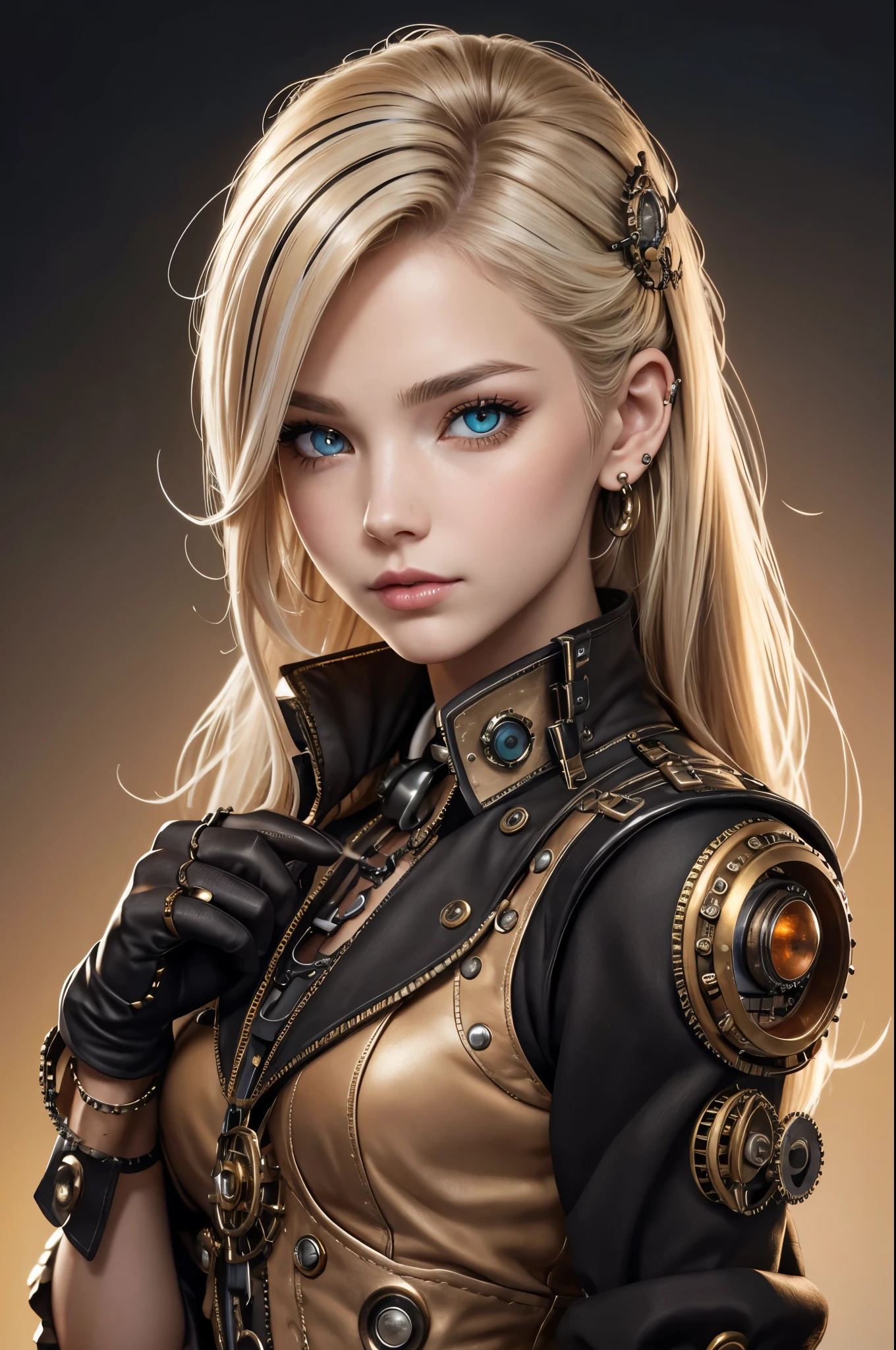 Best, Masterpiece, High Resolution, Best Quality, Ultra HD, Super Detail, Award-Calling, 16k, Solo, (Upper Body), Anatomically Correct, Beautiful Maiden, Cute Face, Highlights, Gradient Beige Hair, Hair Strands, ((Heterochromia)), Long Eyelashes, Hanging Eye Corners, Fair Skin, (Small), (Slim Body), ((Steampunk Style Clothing)), Stud Earrings, (Neck Rings), Very, Very Short Gloves