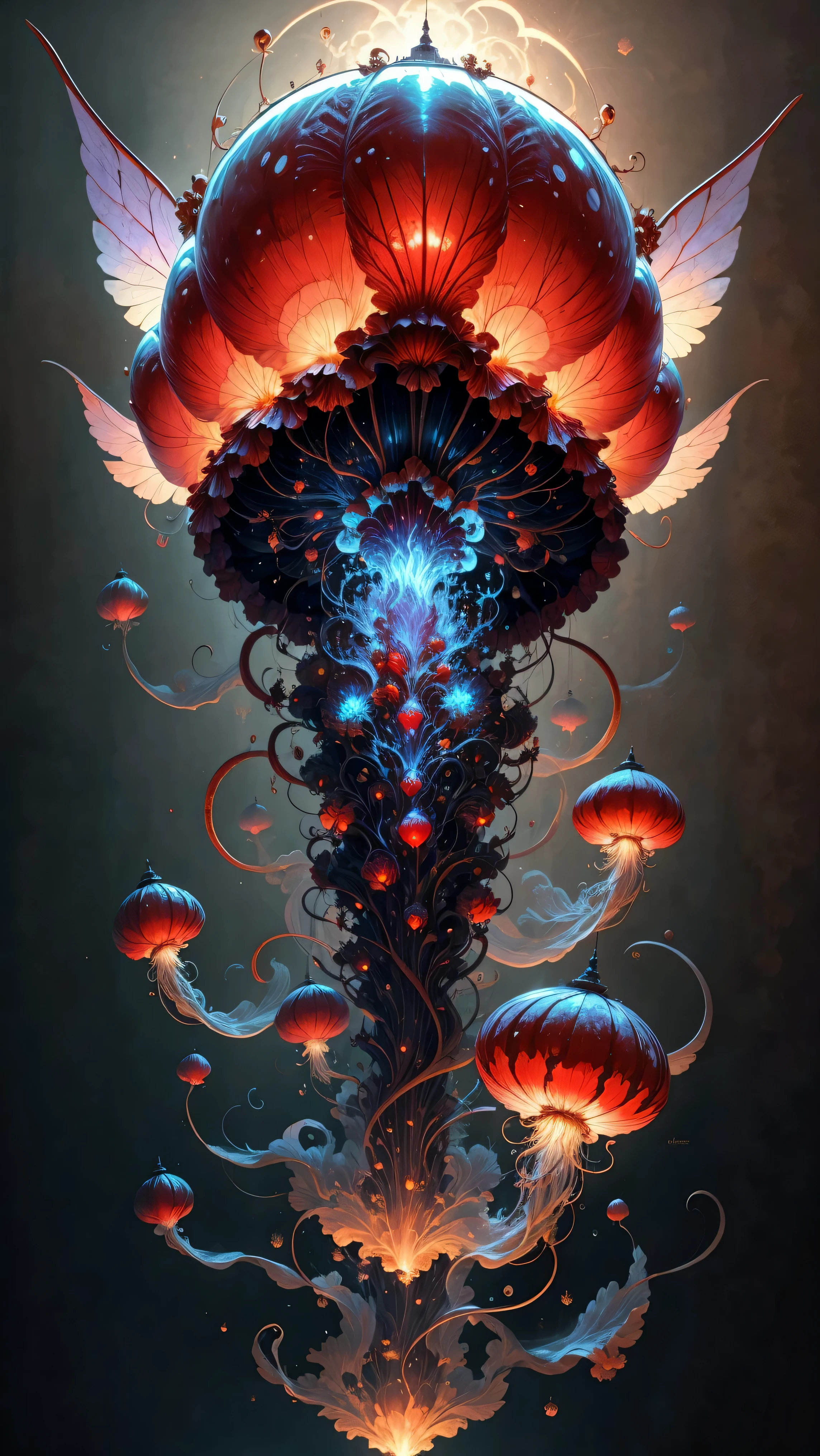 (best quality,4k,8k,high resolution,masterpiece:1.2),Super detailed,(actual,photoactual,photo-actual:1.37),bright colors,fire element jellyfish,fire element,fusion of fire element and jellyfish,Vibrant orange elemental wings, flickering flame，similar to will-o&#39;-the-wisp, Red jellyfish-like structure