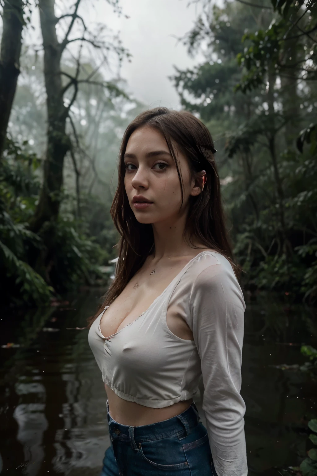 on the dirty bank, pale face and bloody lips, trying to get out of the abyss, dull greens and grays, Gloomy lighting, reflection of anxiety and tension, partially flooded forest and fog, grotesque shadows of distorted trees, interaction between the fragility of the female figure and the hostile nature. jeans, sophie mudd, Alycia Debnam-Carey, thick neck, latina, angelawhite, violet myers, 22 years old, 21 years old, hazel eyes, italian, italian latina,