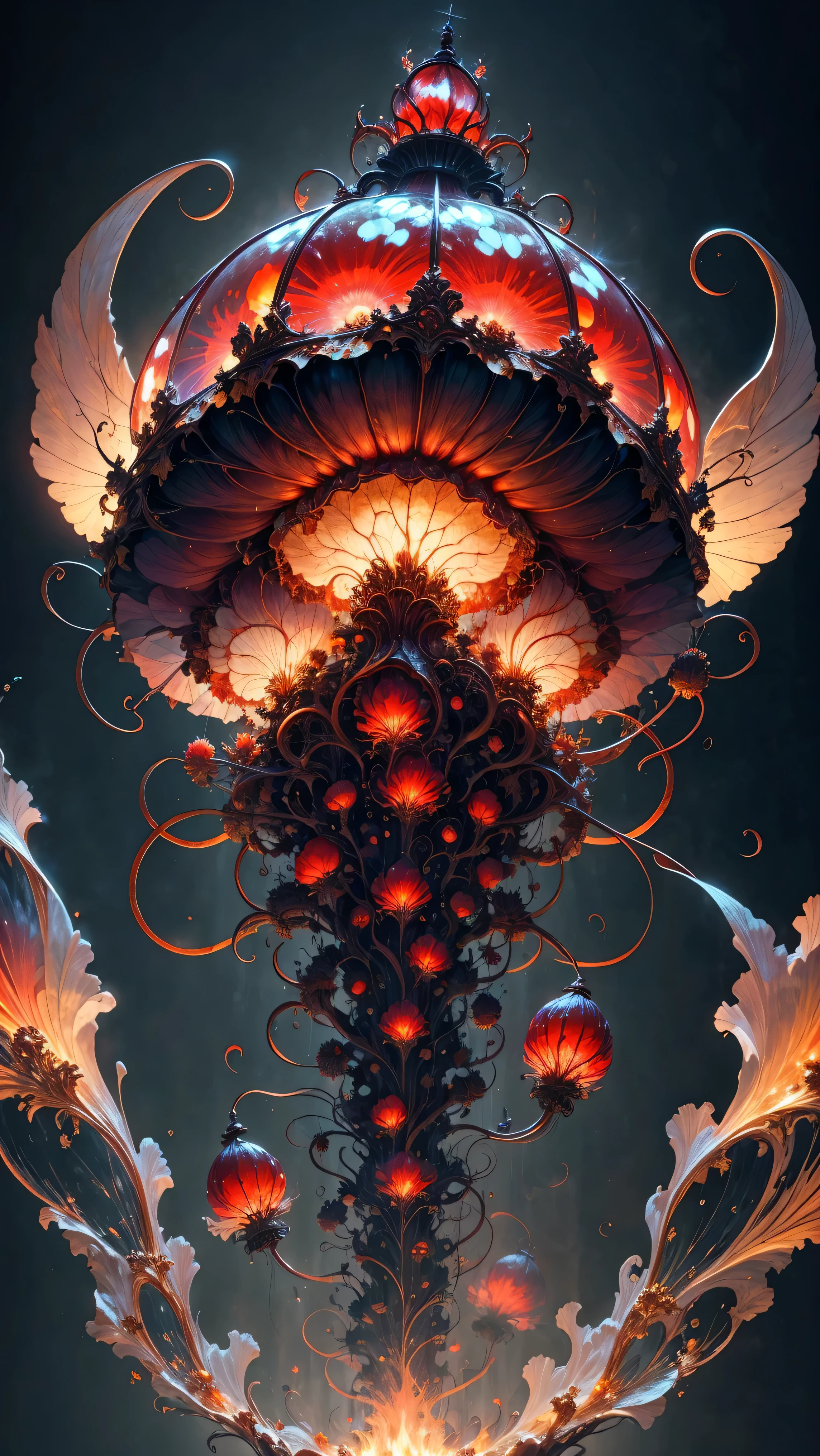 (best quality,4k,8k,high resolution,masterpiece:1.2),Super detailed,(actual,photoactual,photo-actual:1.37),bright colors,fire element jellyfish,fire element,fusion of fire element and jellyfish,Vibrant orange elemental wings, flickering flame,similar to will-o'-the-wisp, Red jellyfish-like structure