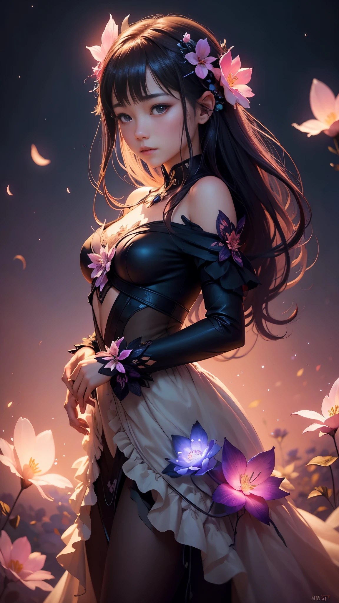 flowers in the night with a crescent and stars above them, a digital painting by Yang J, Artstation, digital art, glowing flowers, 🌺 cgsociety, luminous flowers, soft flowers, glowing delicate flower, magical flowers, glowing, loish and wlop, glowing lights! digital painting, ross tran. scenic background, glowing neon flowers, pretty flowers