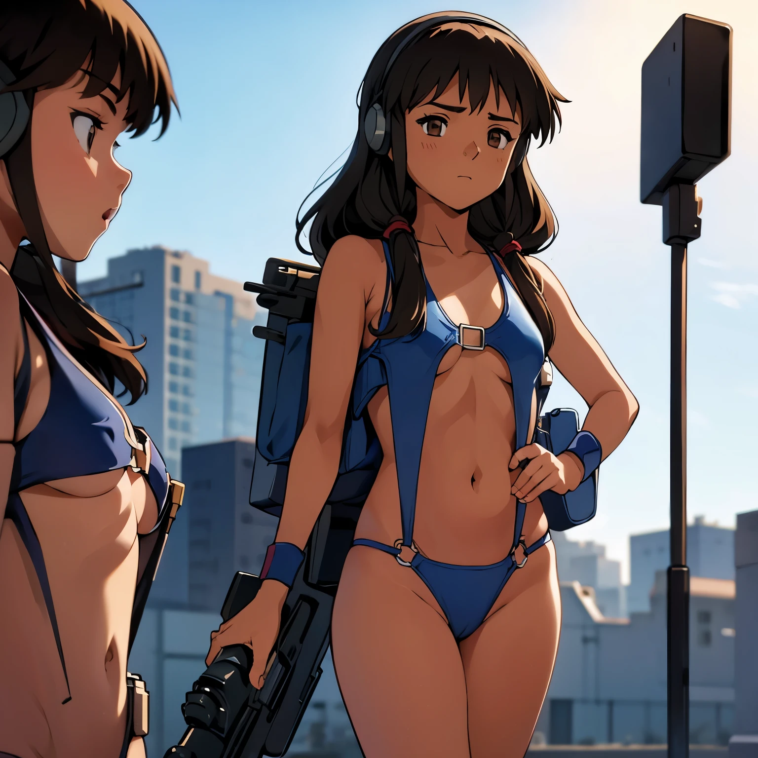 Shakti Kareen, brown_hair, brown_eyes, long_hair, dark skin, Imperial Guard Combat Uniform Swimsuit, o-ring bikini, v gundam, swimsuit, absurdres, highres, solo, cowboy shot, 1girl, neneka nibrou \(cosplay\), wristband, headphone, holster, backpack, holding gun, aiming, perfect hands, wind, small breast, mind control, empty eyes, blank eyes, corruption, obey